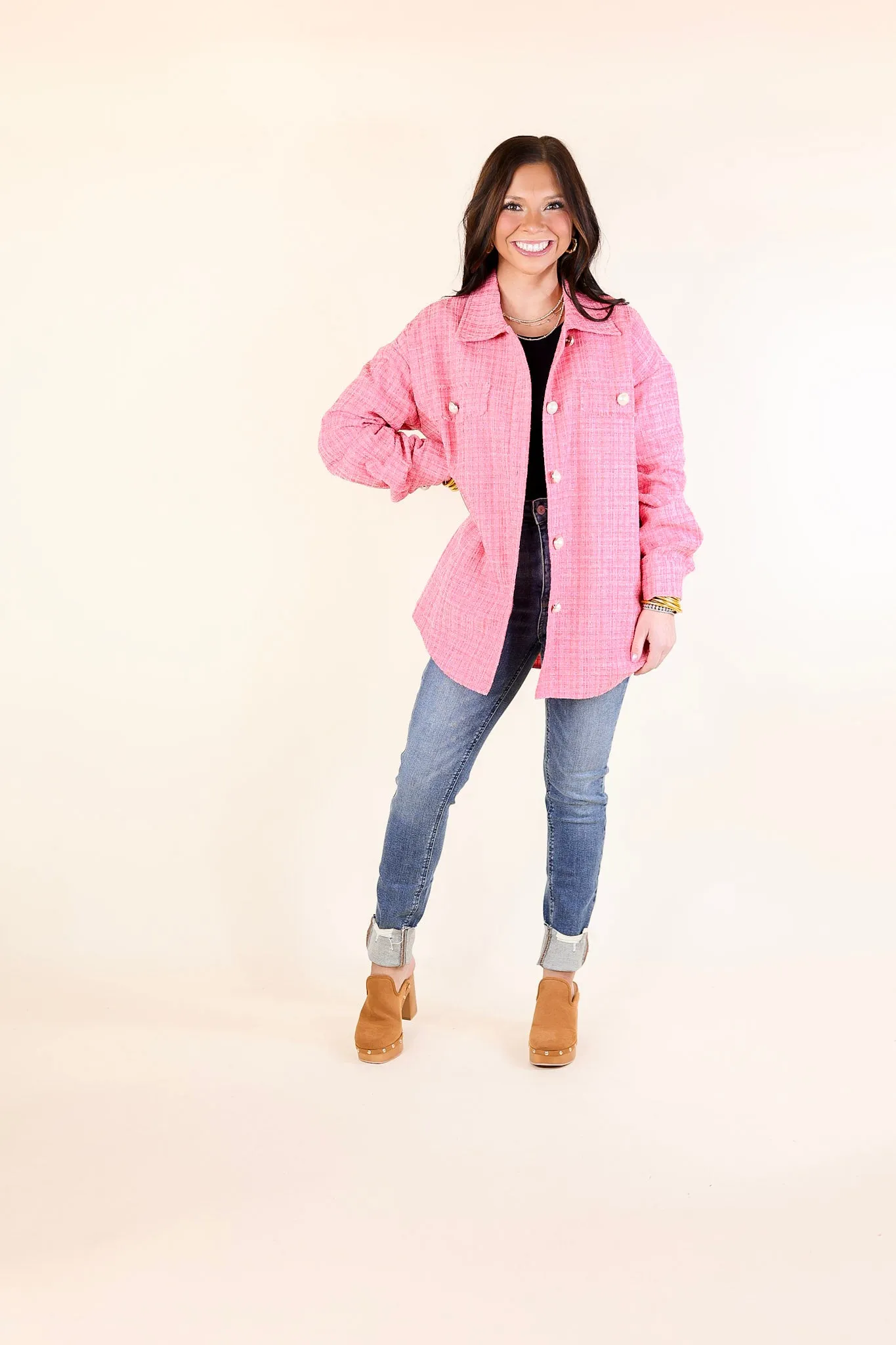 Brooklyn Buzz Pearl Button Up Tweed Shacket in Pink