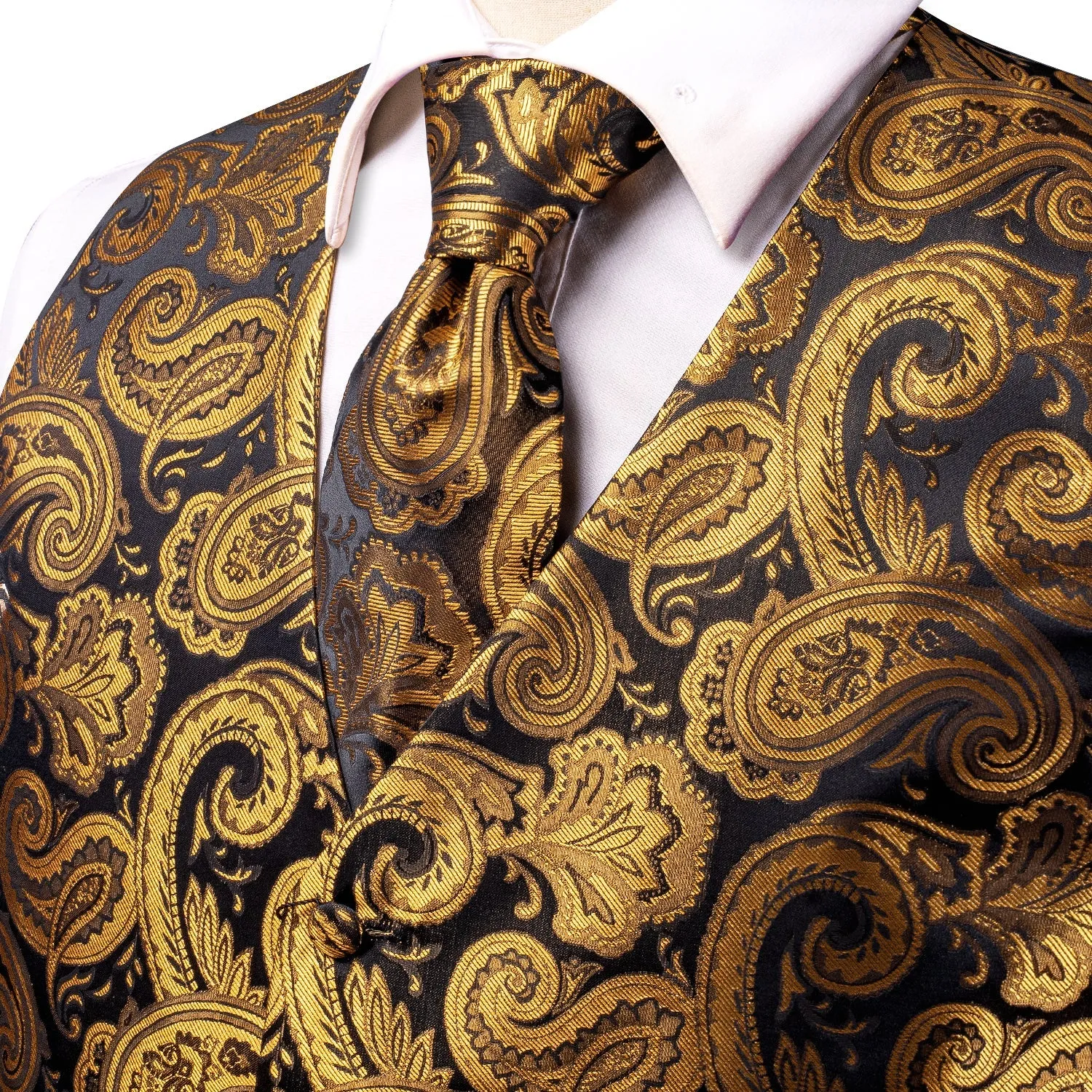 Brown Golden Paisley Jacquard Silk Men's Vest Hanky Cufflinks Tie Set