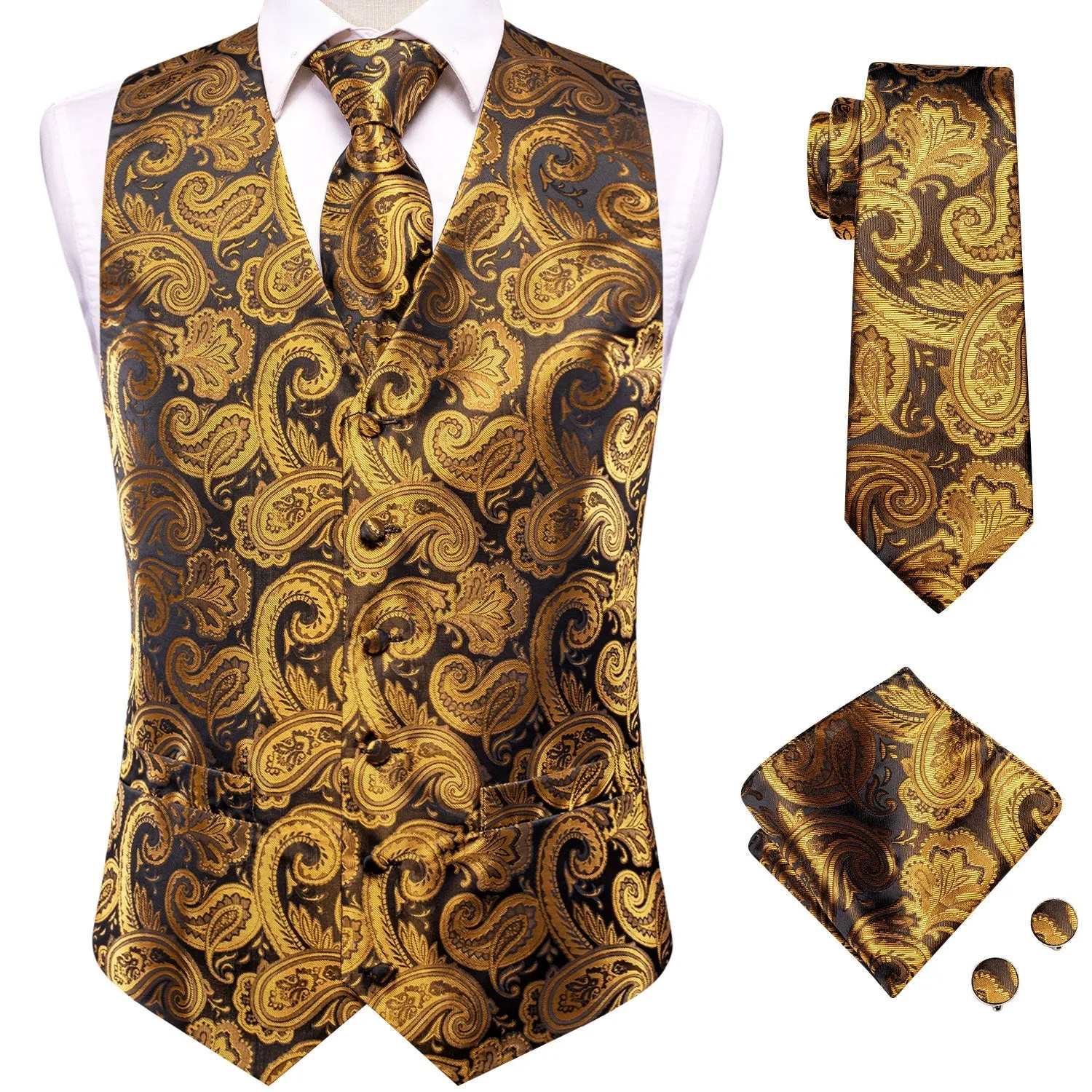 Brown Golden Paisley Jacquard Silk Men's Vest Hanky Cufflinks Tie Set