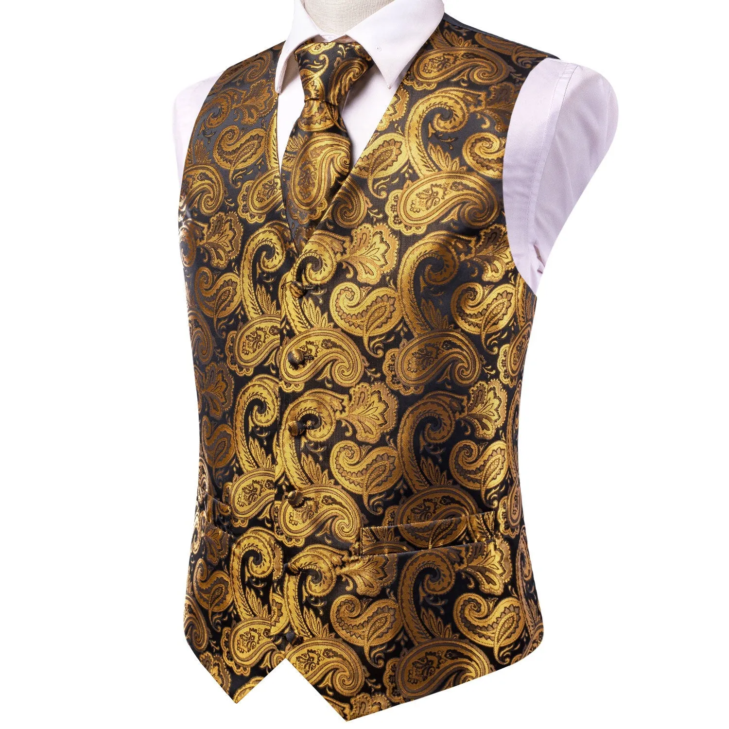 Brown Golden Paisley Jacquard Silk Men's Vest Hanky Cufflinks Tie Set