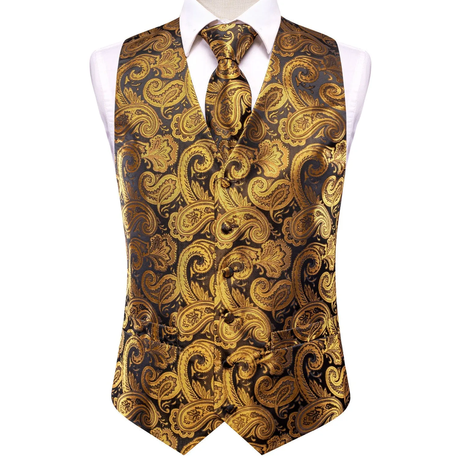 Brown Golden Paisley Jacquard Silk Men's Vest Hanky Cufflinks Tie Set