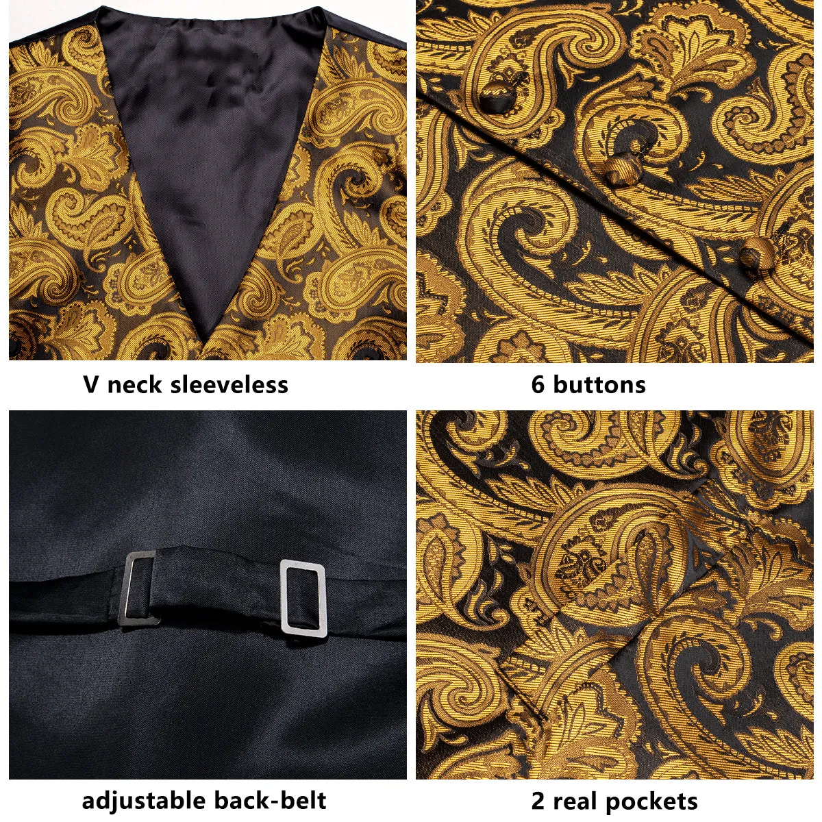 Brown Golden Paisley Jacquard Silk Men's Vest Hanky Cufflinks Tie Set