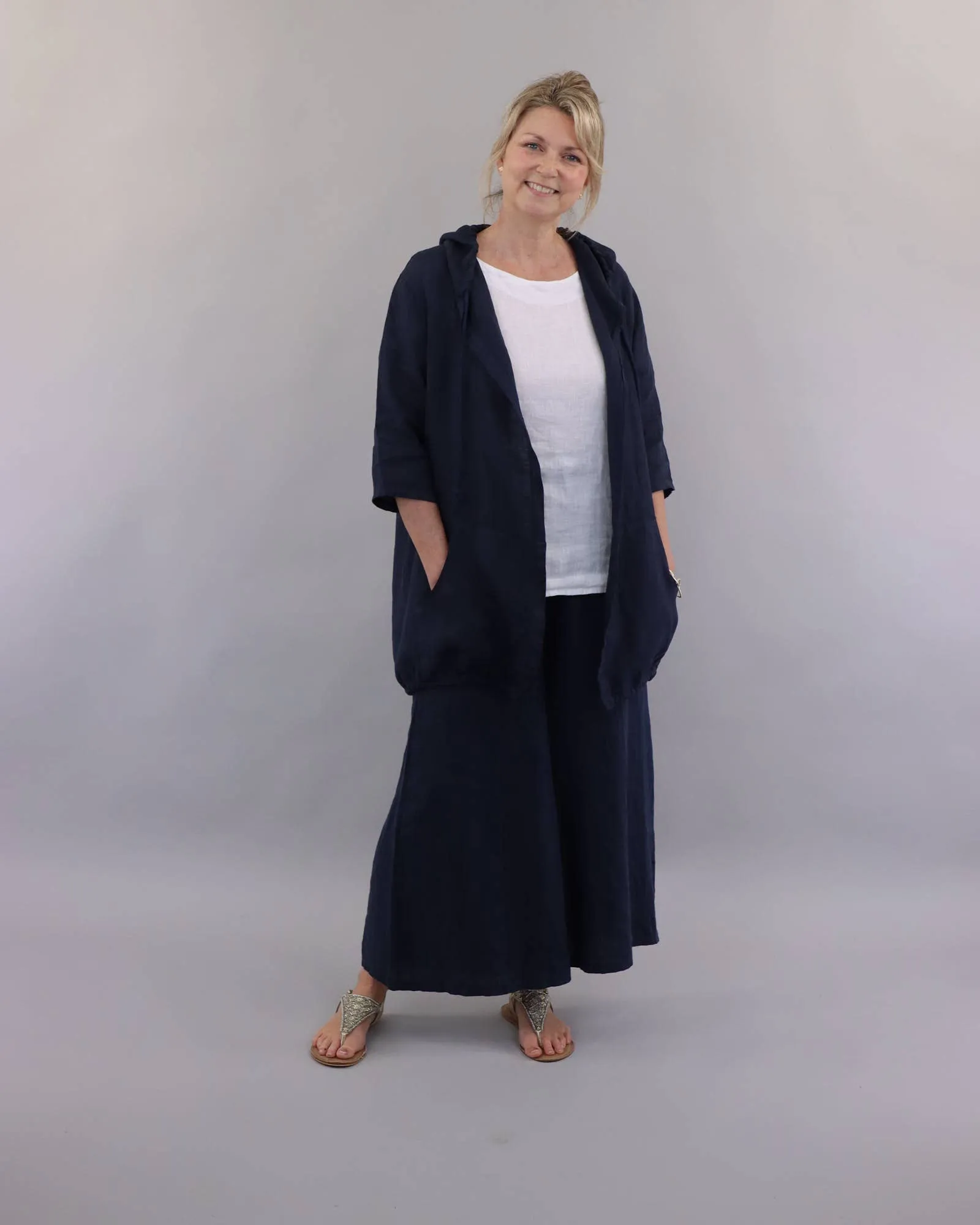 Cadenza Casual Hooded Linen Jacket: Navy