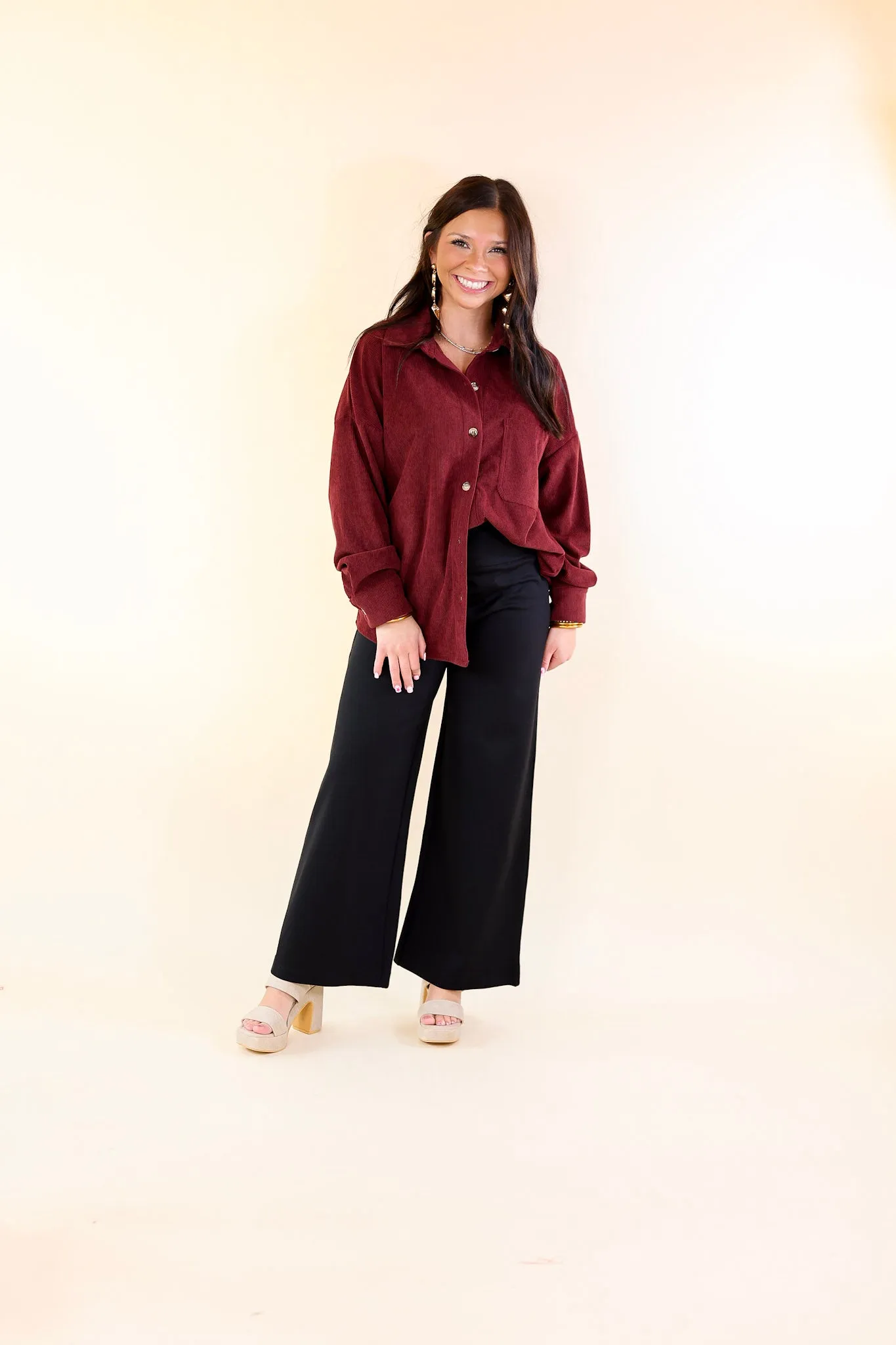 Captivating Cuteness Corduroy Button Up Shacket in Maroon