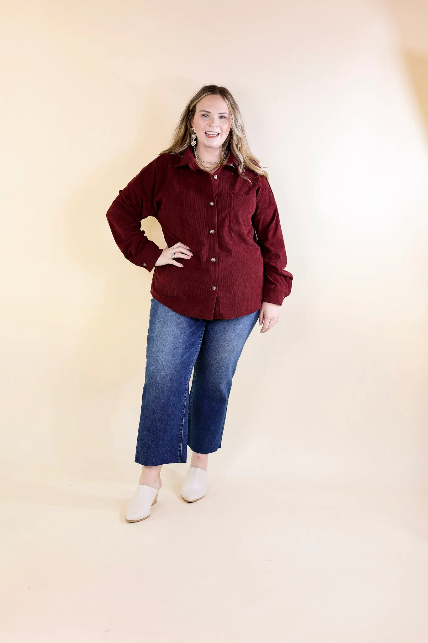 Captivating Cuteness Corduroy Button Up Shacket in Maroon