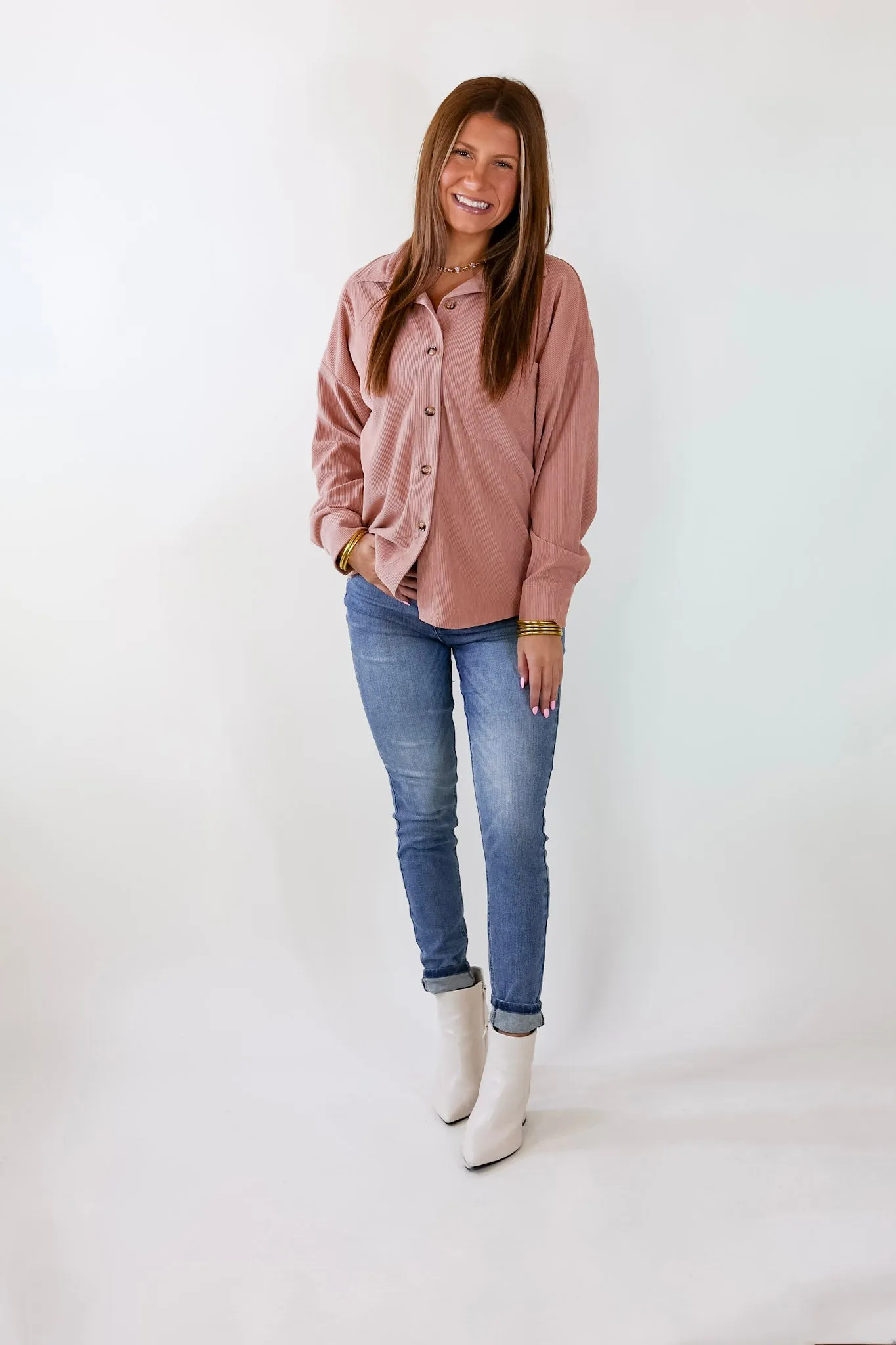 Captivating Cuteness Corduroy Button Up Shacket in Mauve Pink