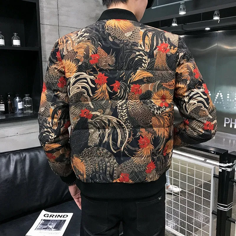 Casual Chick Print Warm Parka Bomber Style Men Jacket