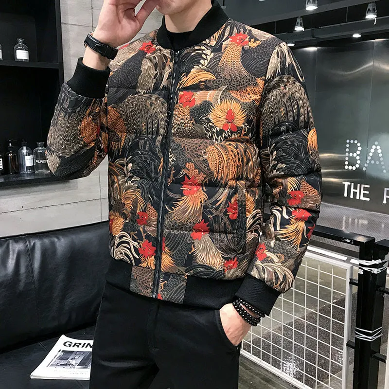 Casual Chick Print Warm Parka Bomber Style Men Jacket