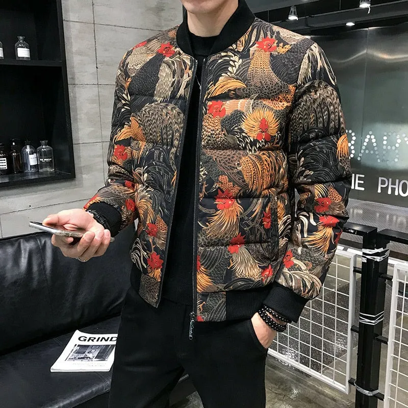 Casual Chick Print Warm Parka Bomber Style Men Jacket