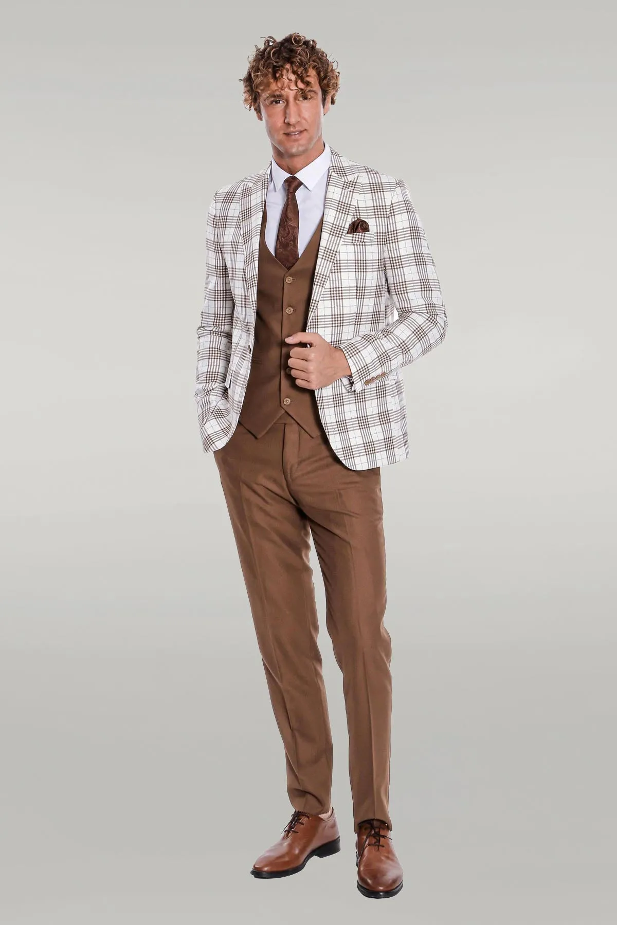 Checked Slim Fit Brown Men Suit - Wessi