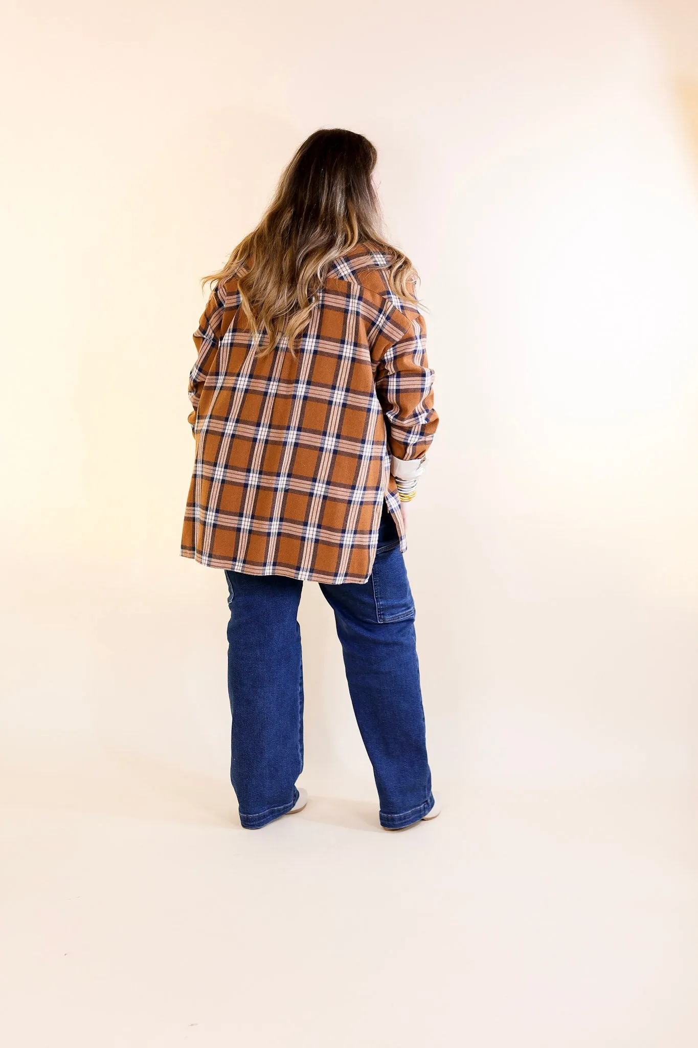 Cheery Mood Button Up Plaid Flannel Top in Camel Brown