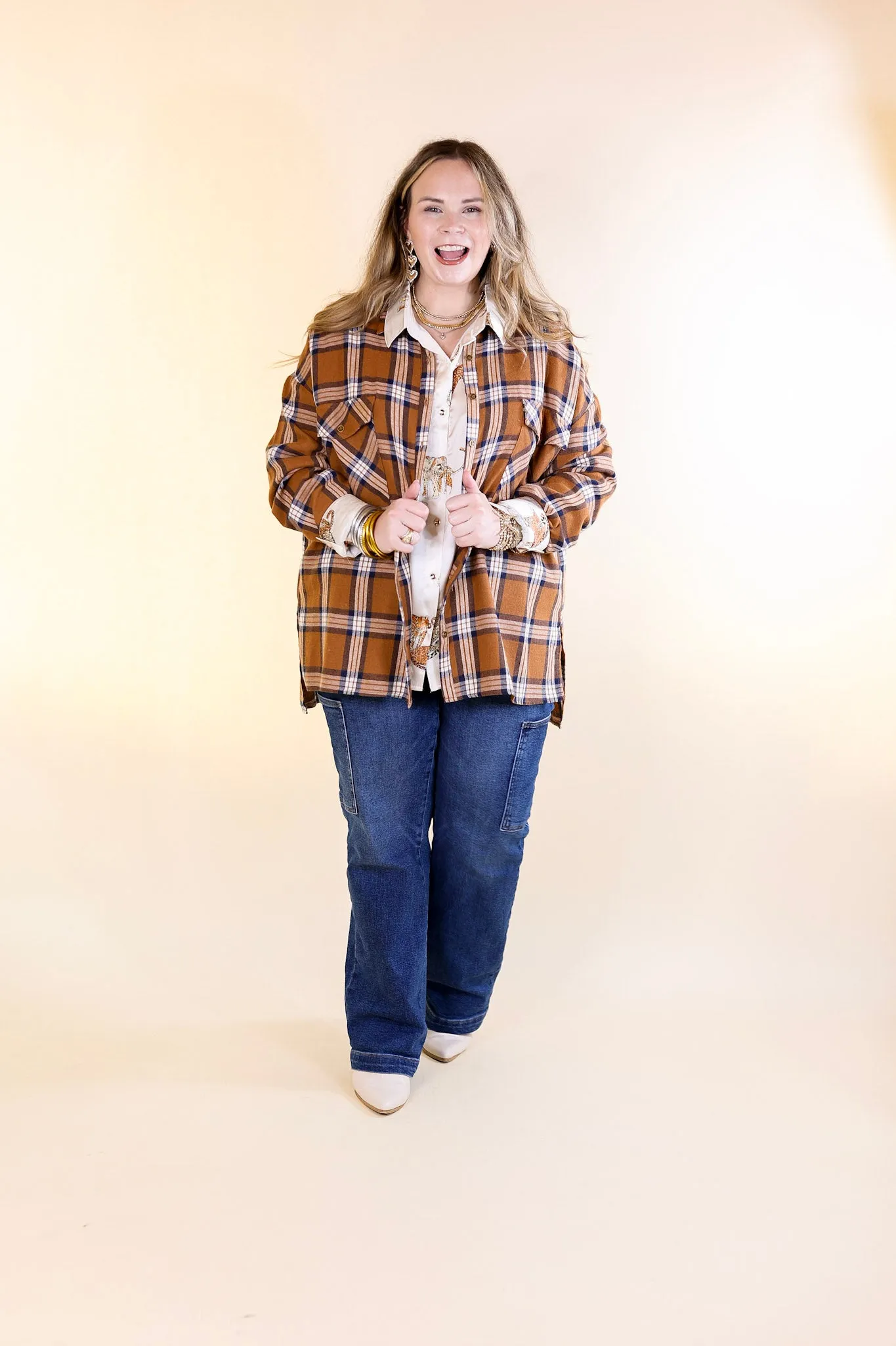 Cheery Mood Button Up Plaid Flannel Top in Camel Brown