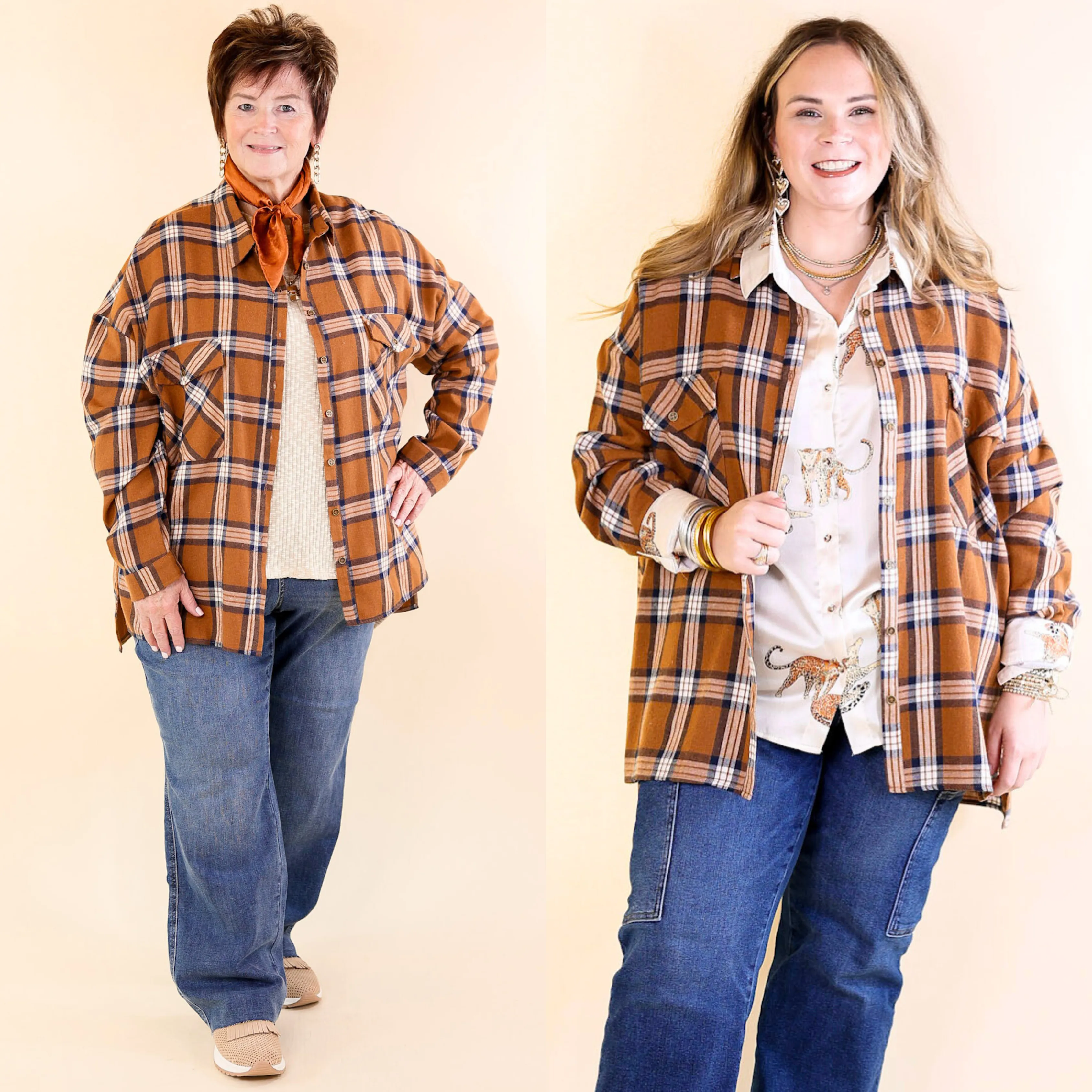 Cheery Mood Button Up Plaid Flannel Top in Camel Brown