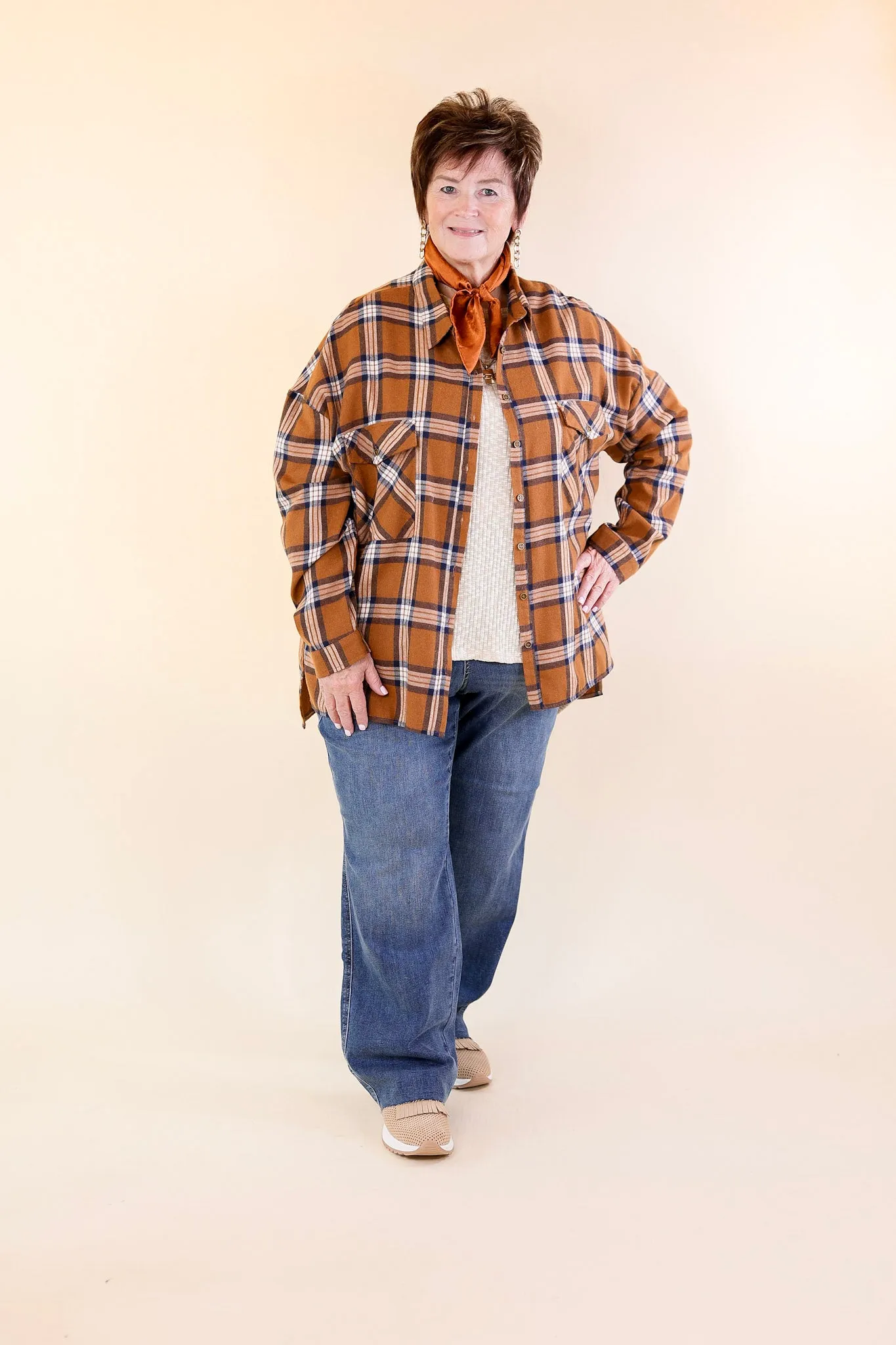 Cheery Mood Button Up Plaid Flannel Top in Camel Brown