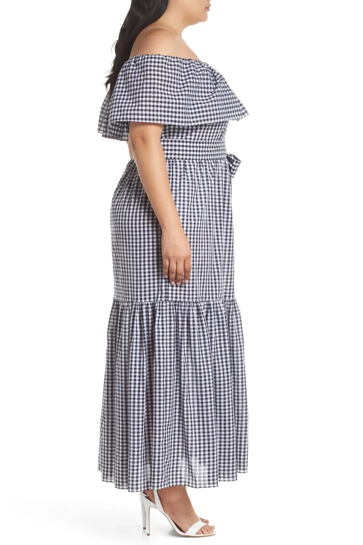 Chelsea28 OTS SPLIT FRONT GINGHAM PLAID MAXI DRESS