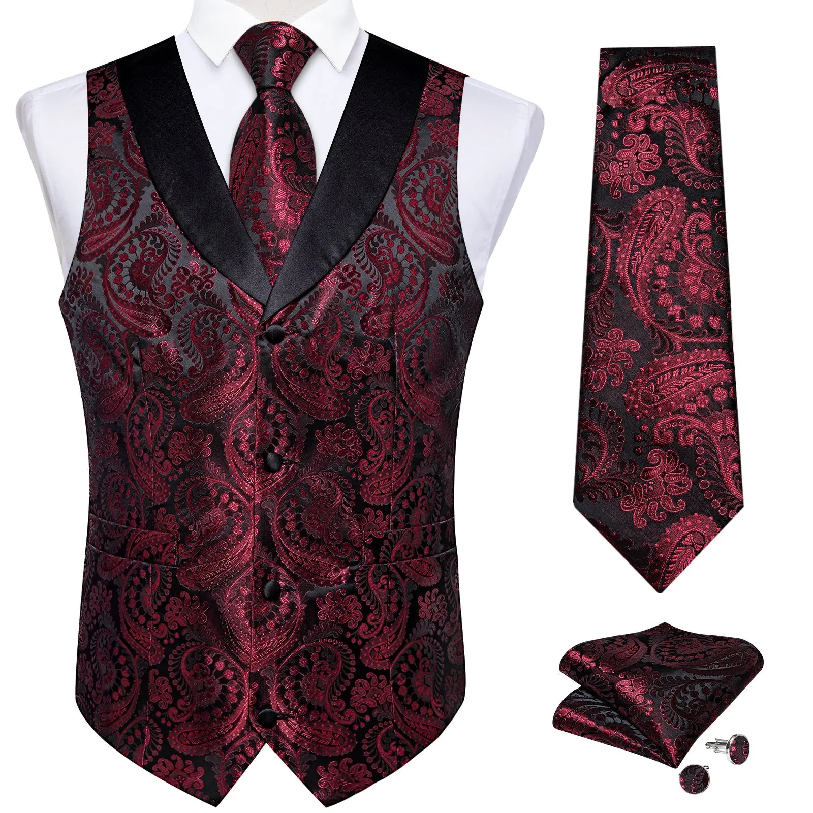 Classic Red Paisley Black Collar Vest Tie Hanky Cufflinks Set