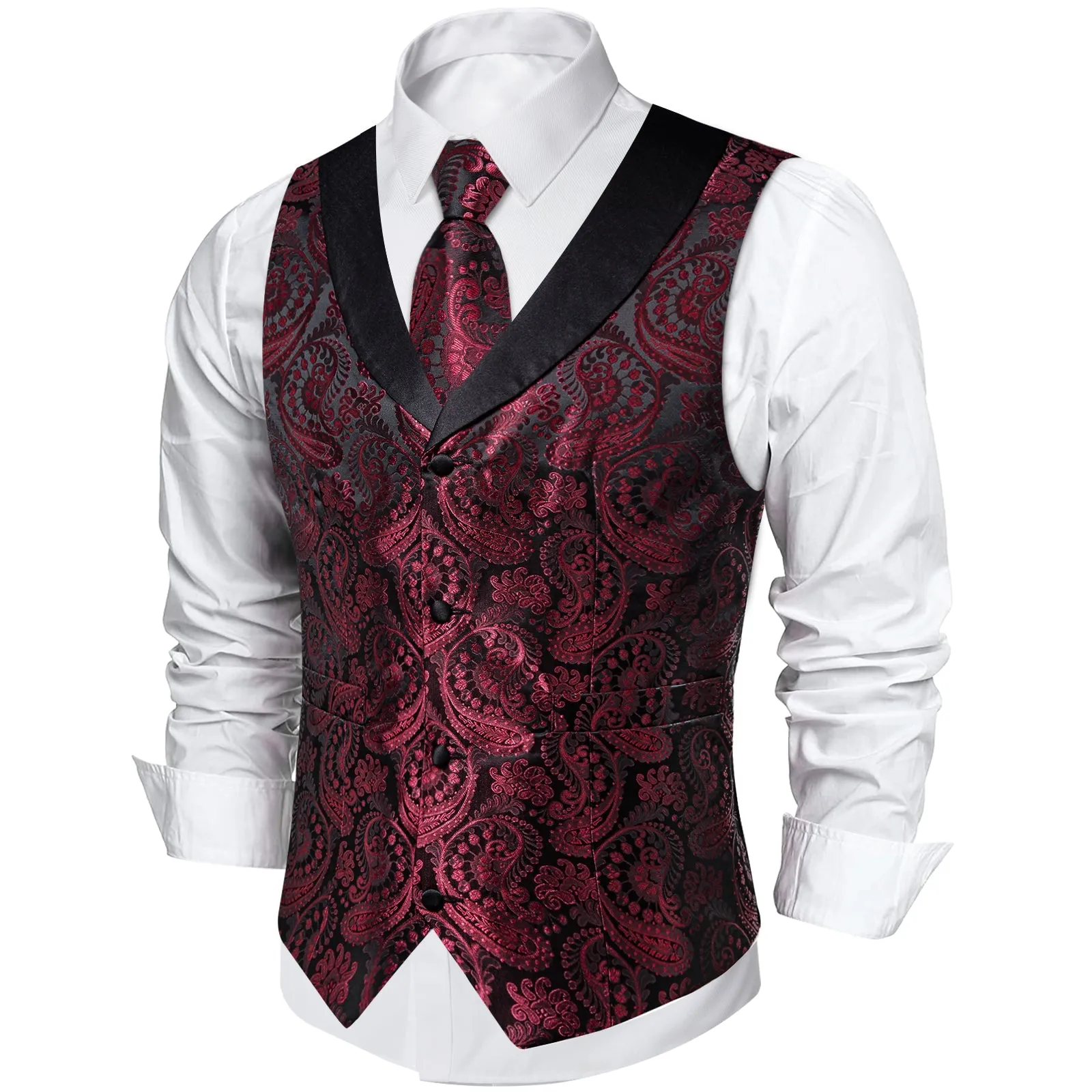 Classic Red Paisley Black Collar Vest Tie Hanky Cufflinks Set