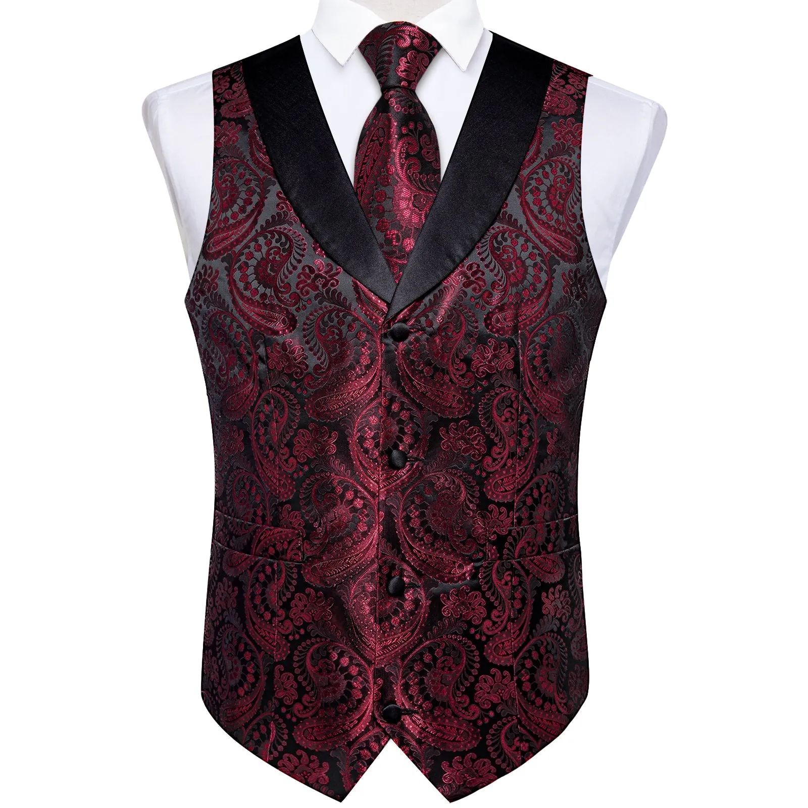 Classic Red Paisley Black Collar Vest Tie Hanky Cufflinks Set