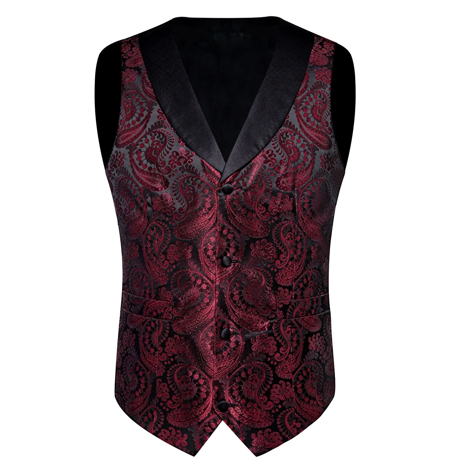 Classic Red Paisley Black Collar Vest Tie Hanky Cufflinks Set