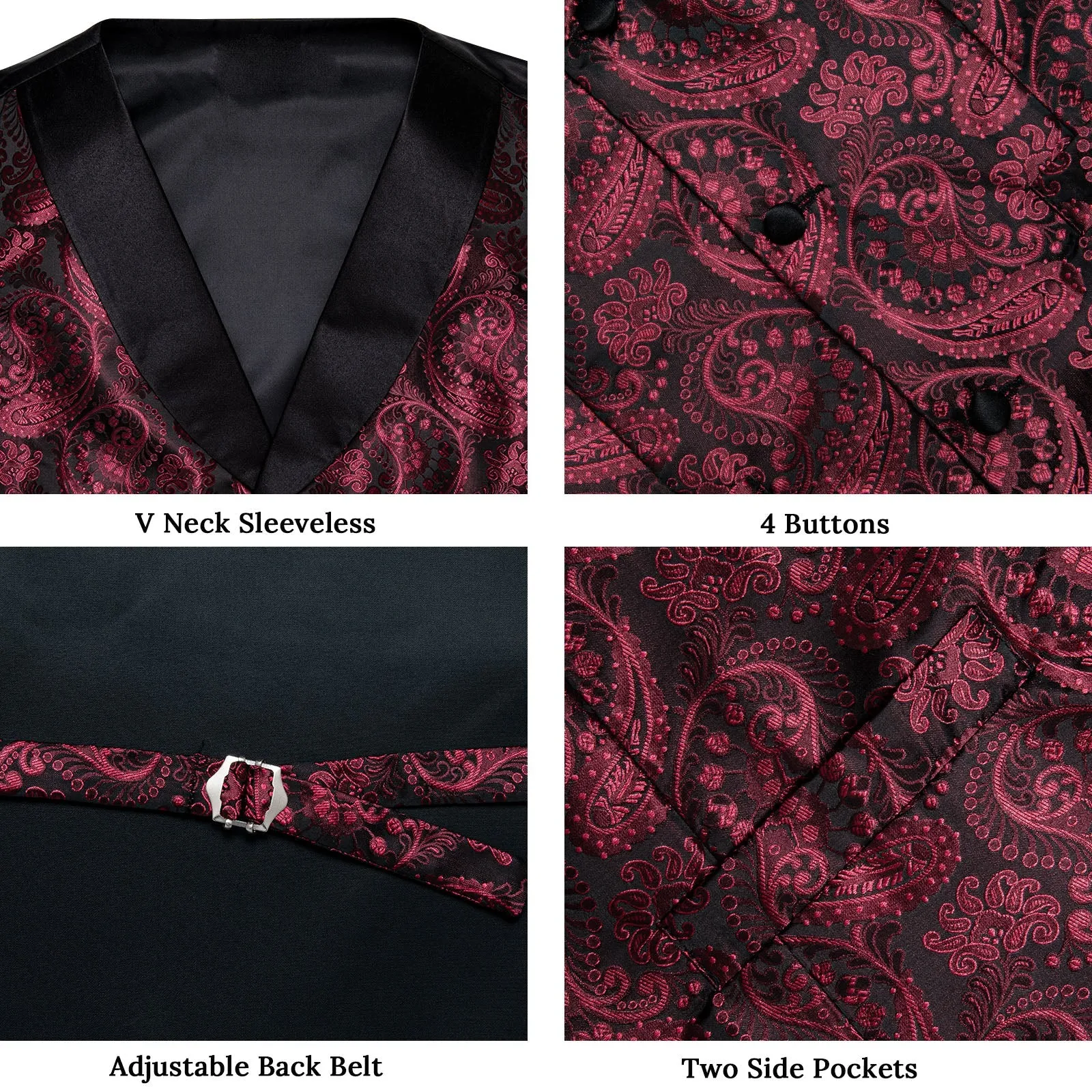 Classic Red Paisley Black Collar Vest Tie Hanky Cufflinks Set