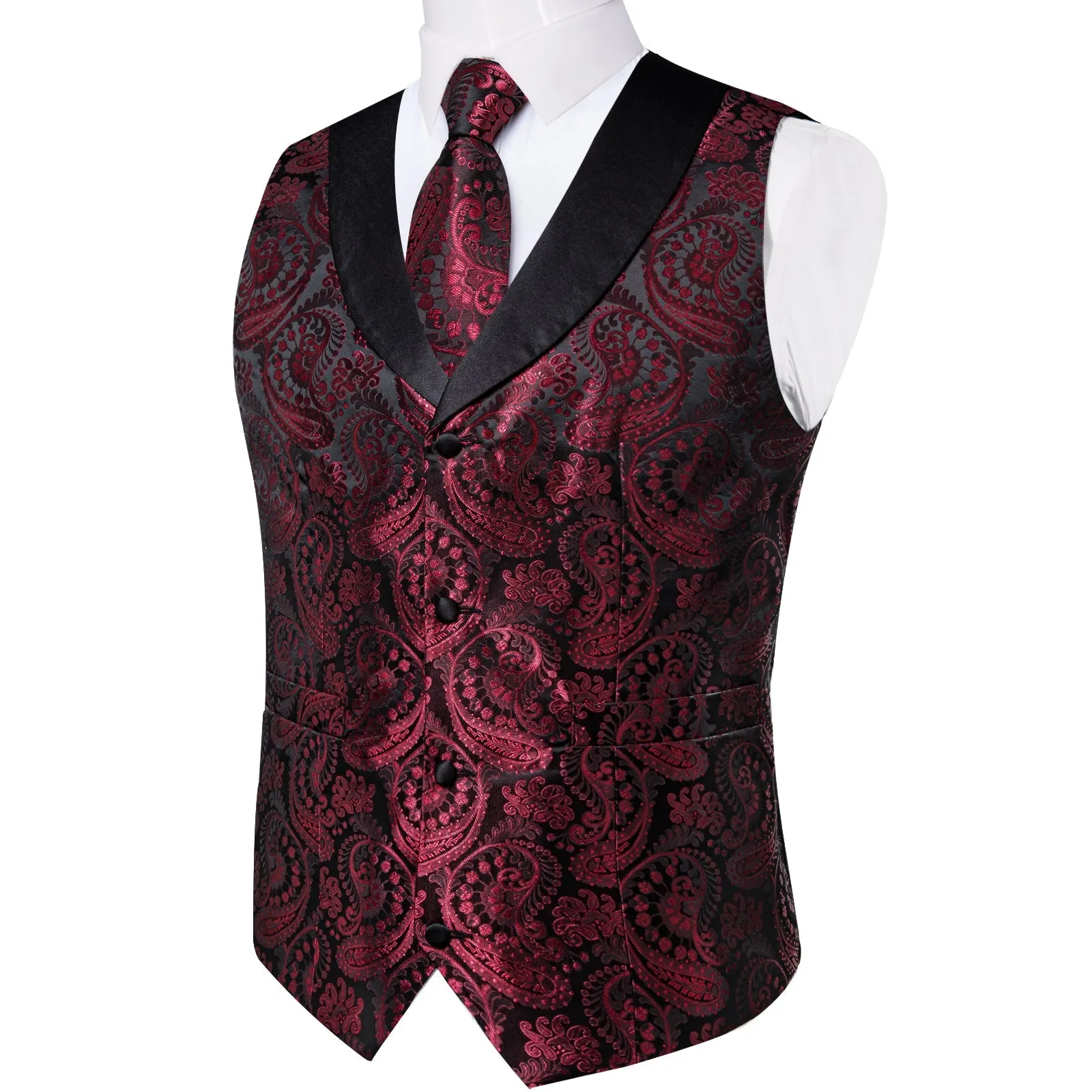 Classic Red Paisley Black Collar Vest Tie Hanky Cufflinks Set