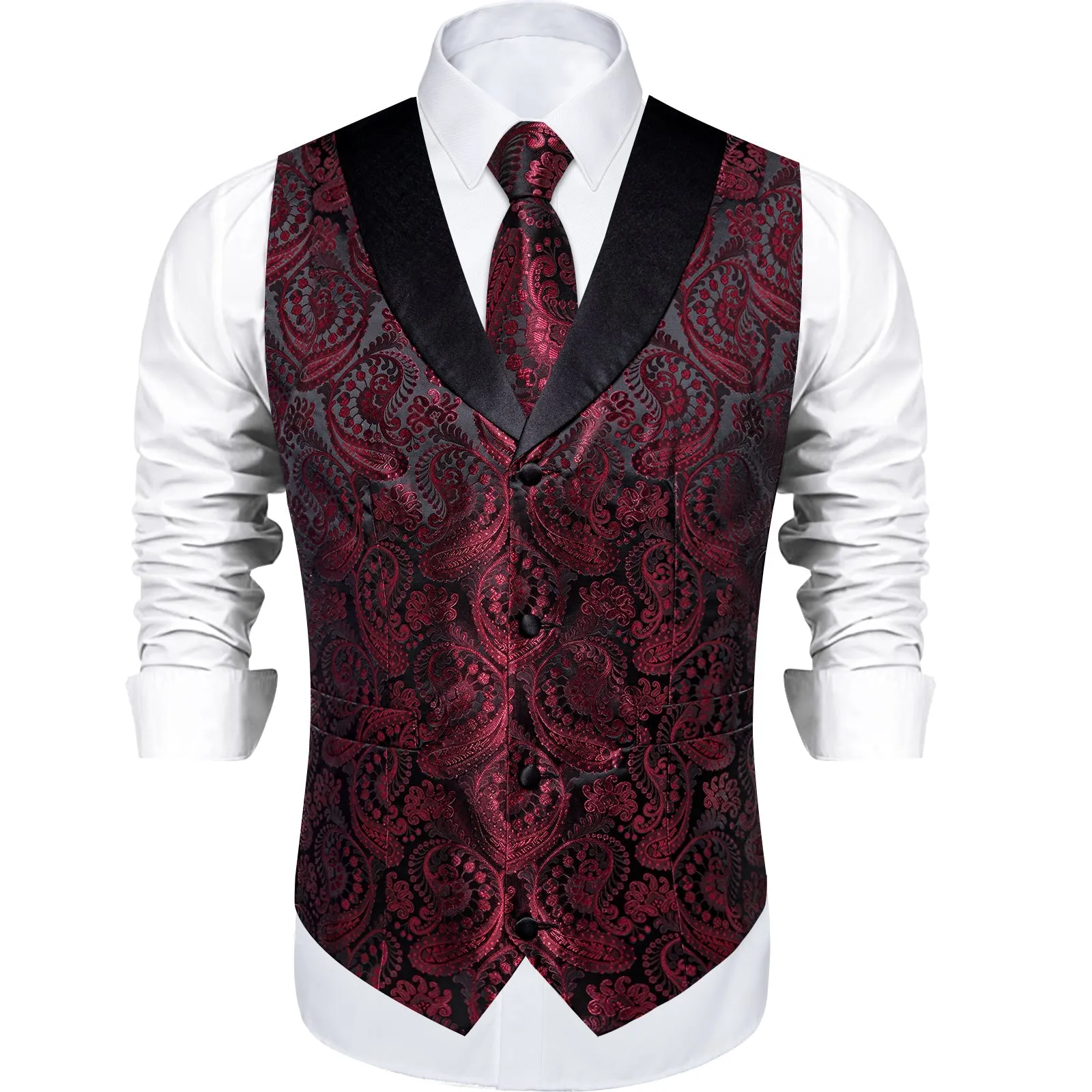 Classic Red Paisley Black Collar Vest Tie Hanky Cufflinks Set