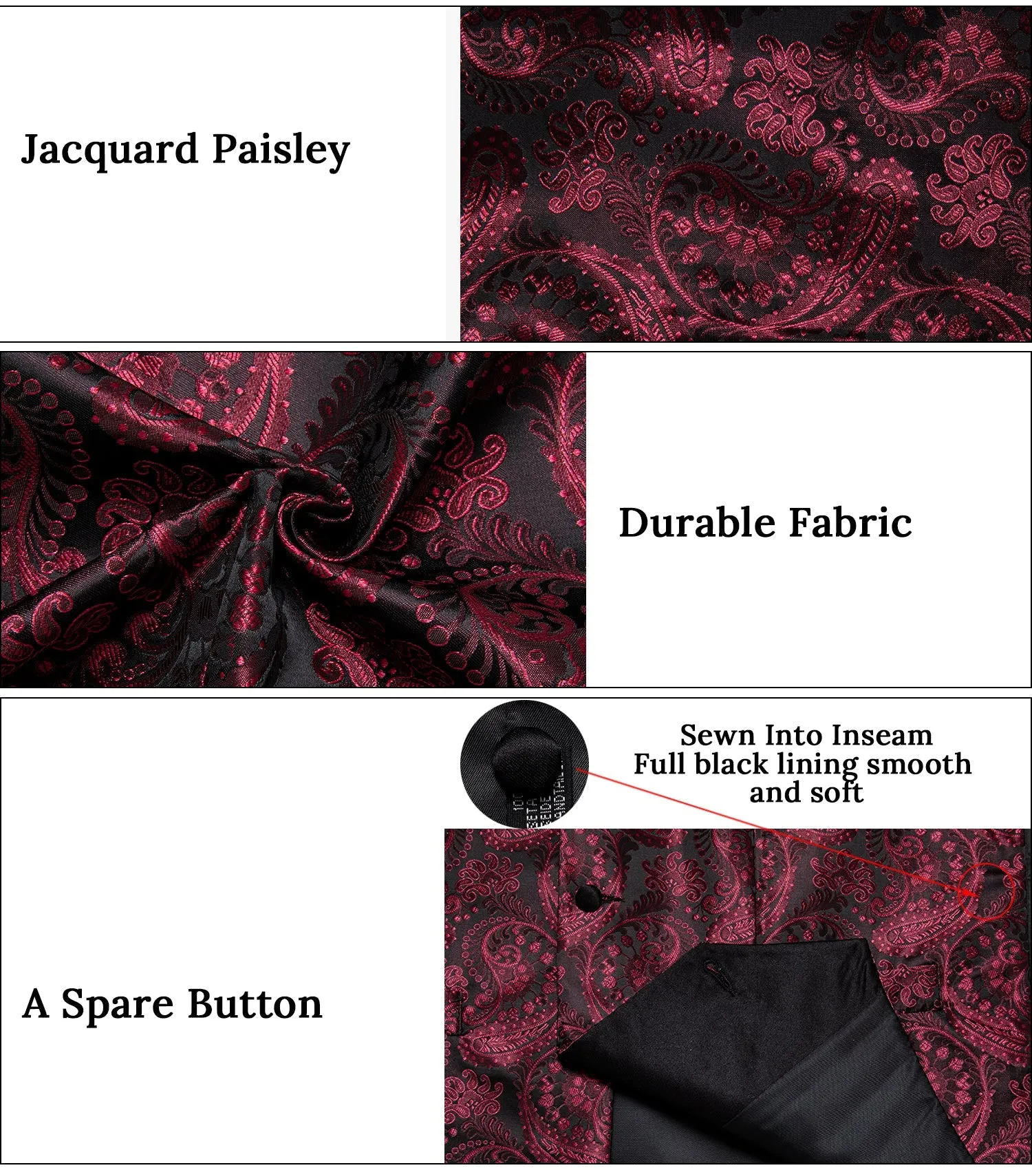 Classic Red Paisley Black Collar Vest Tie Hanky Cufflinks Set