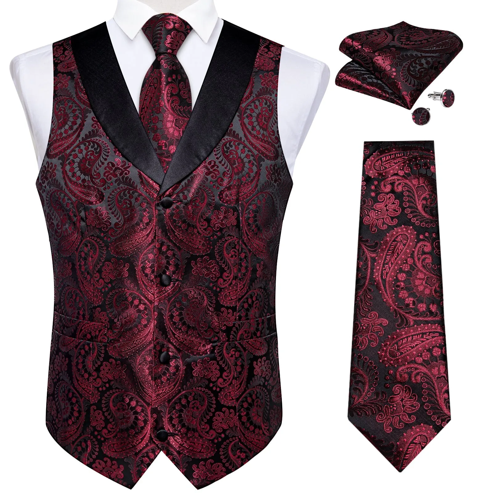 Classic Red Paisley Black Collar Vest Tie Hanky Cufflinks Set