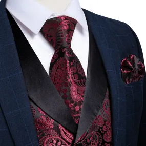 Classic Red Paisley Black Collar Vest Tie Hanky Cufflinks Set