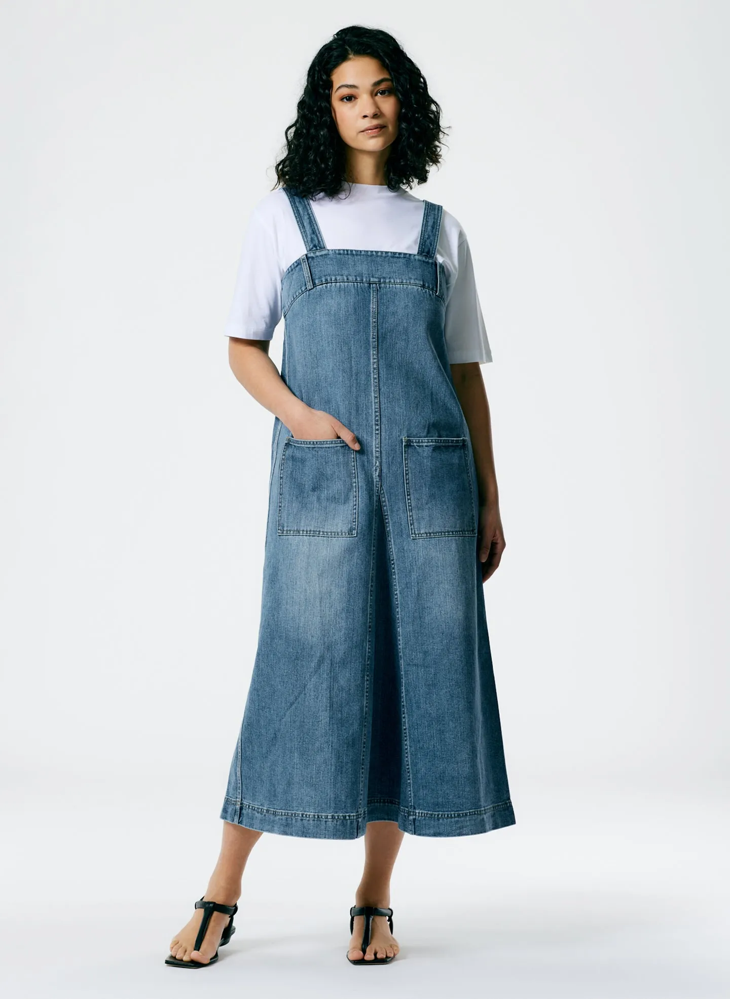 Classic Wash Denim Midi Overall Dress