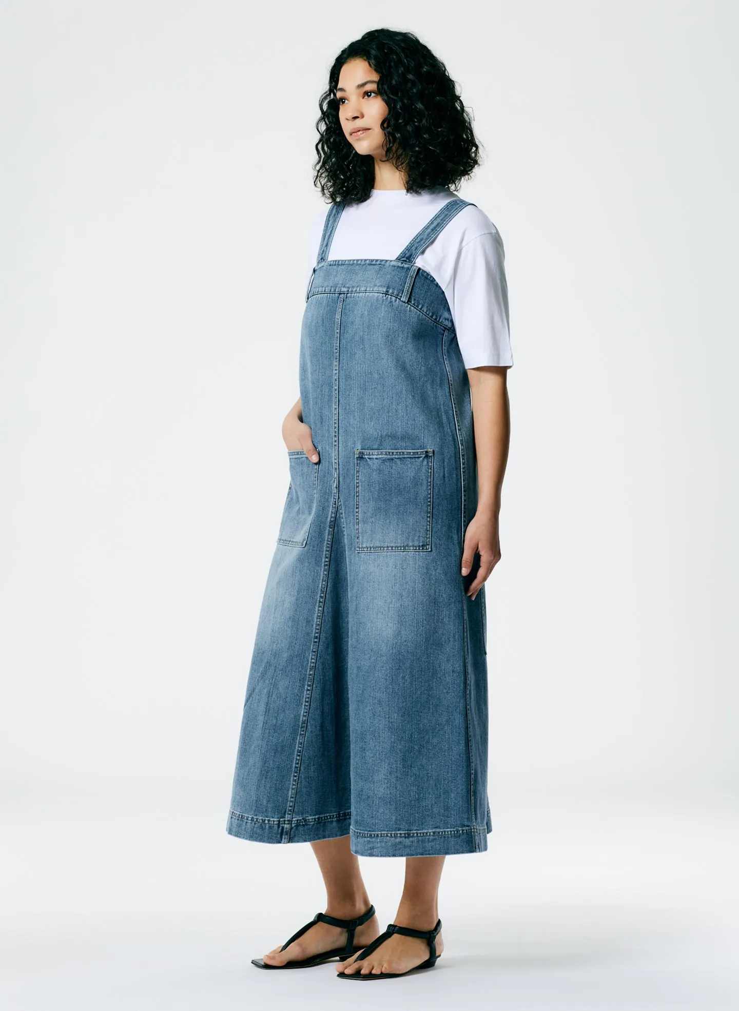 Classic Wash Denim Midi Overall Dress