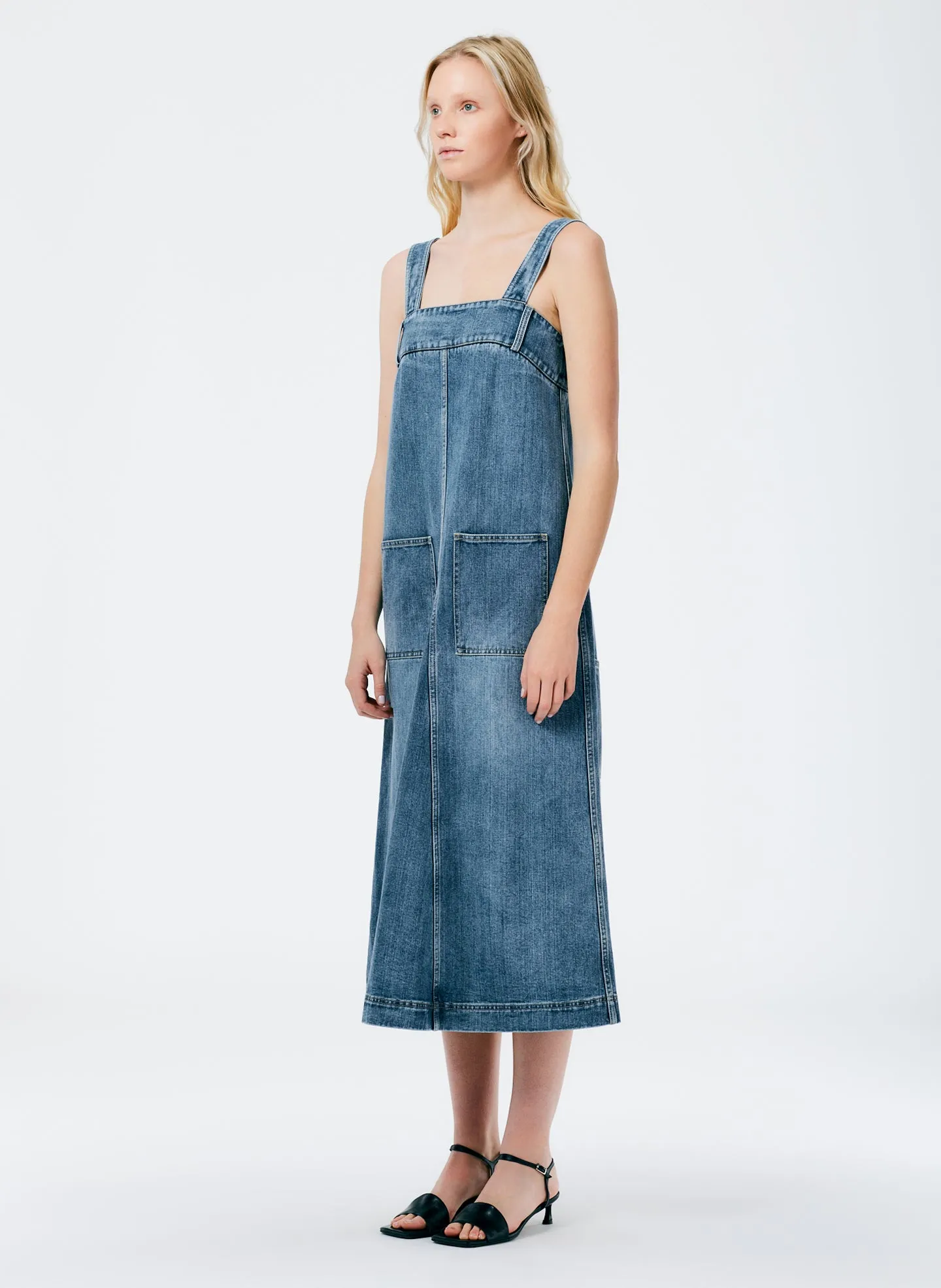 Classic Wash Denim Midi Overall Dress