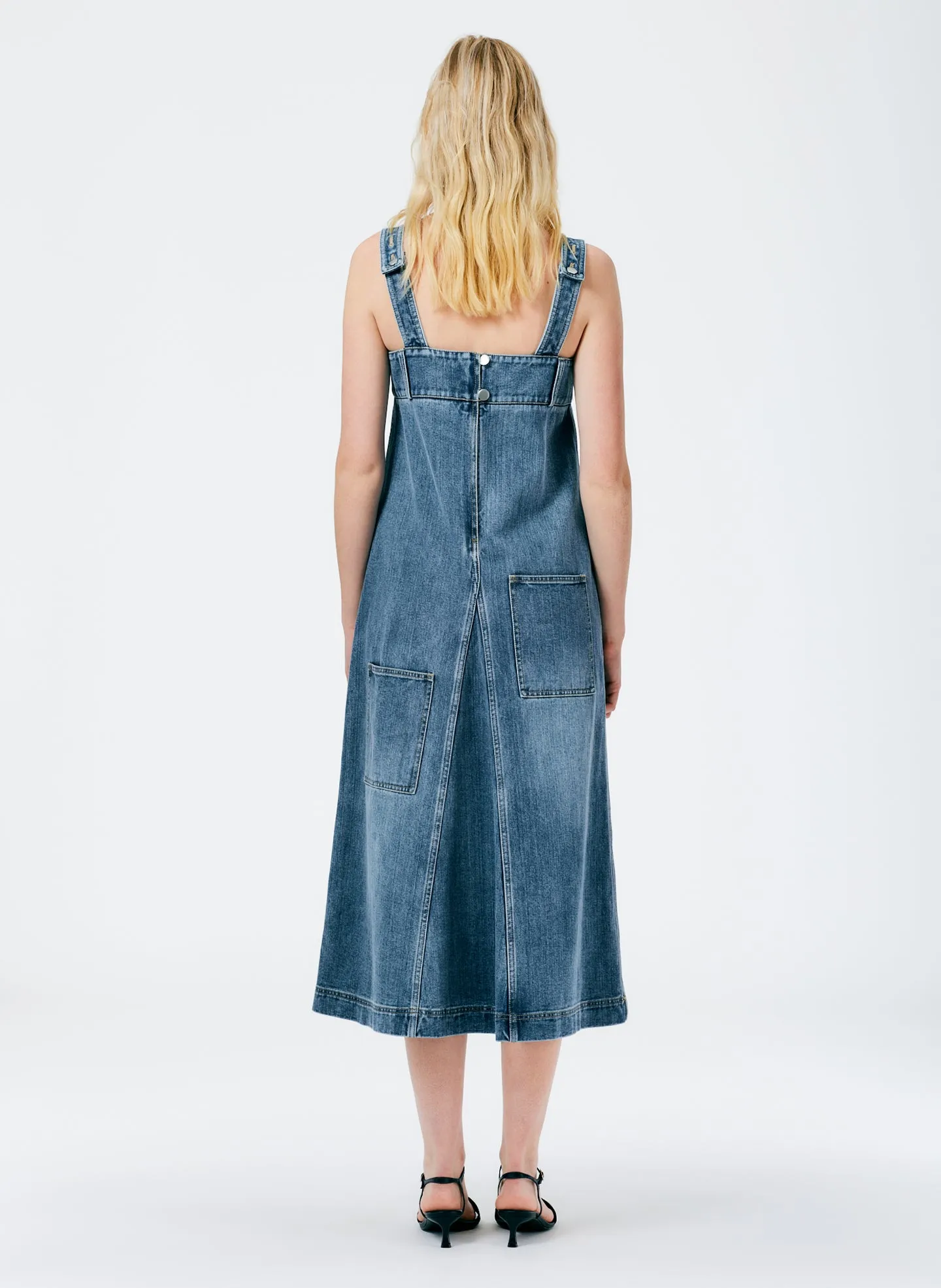 Classic Wash Denim Midi Overall Dress