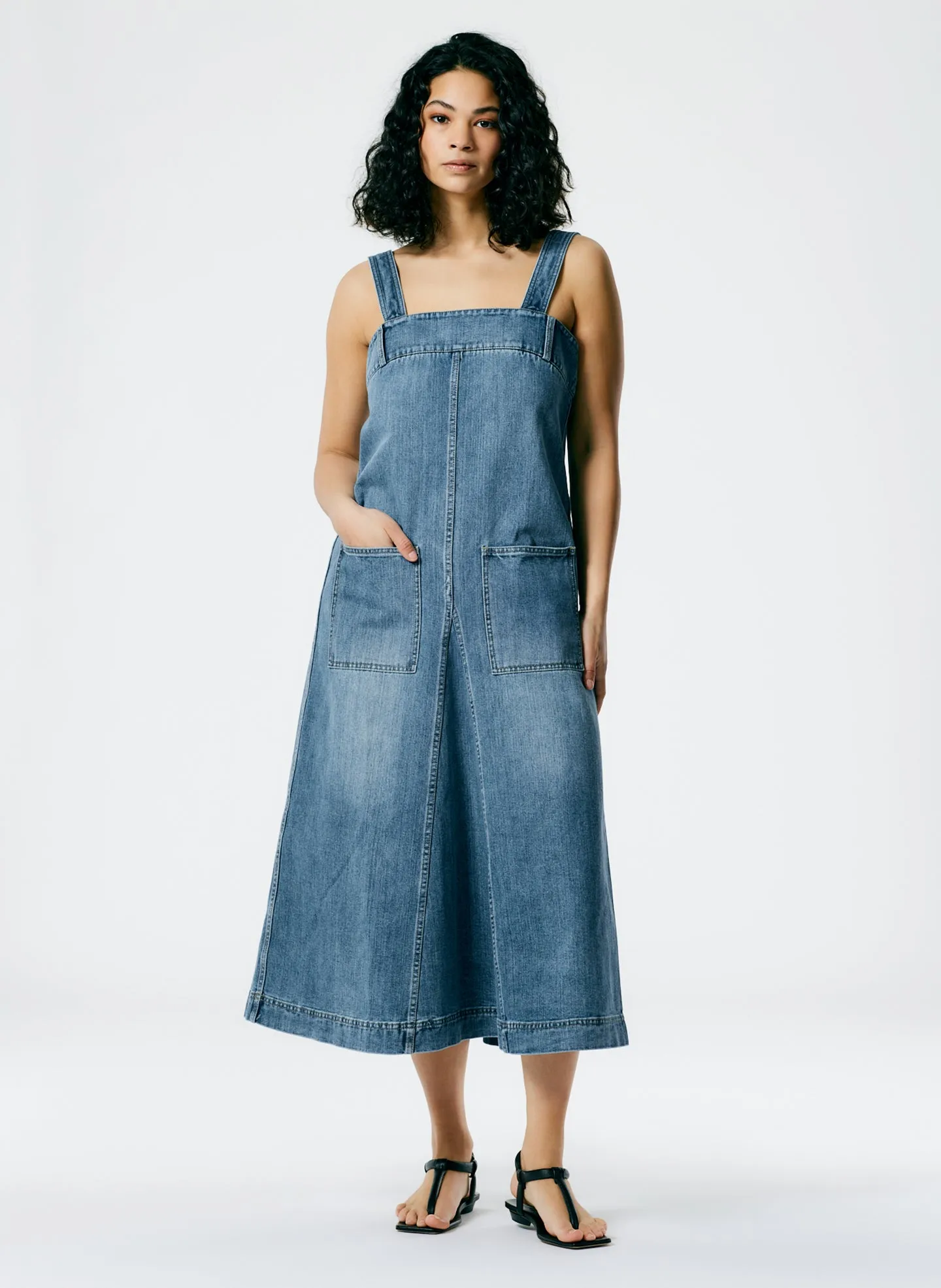 Classic Wash Denim Midi Overall Dress