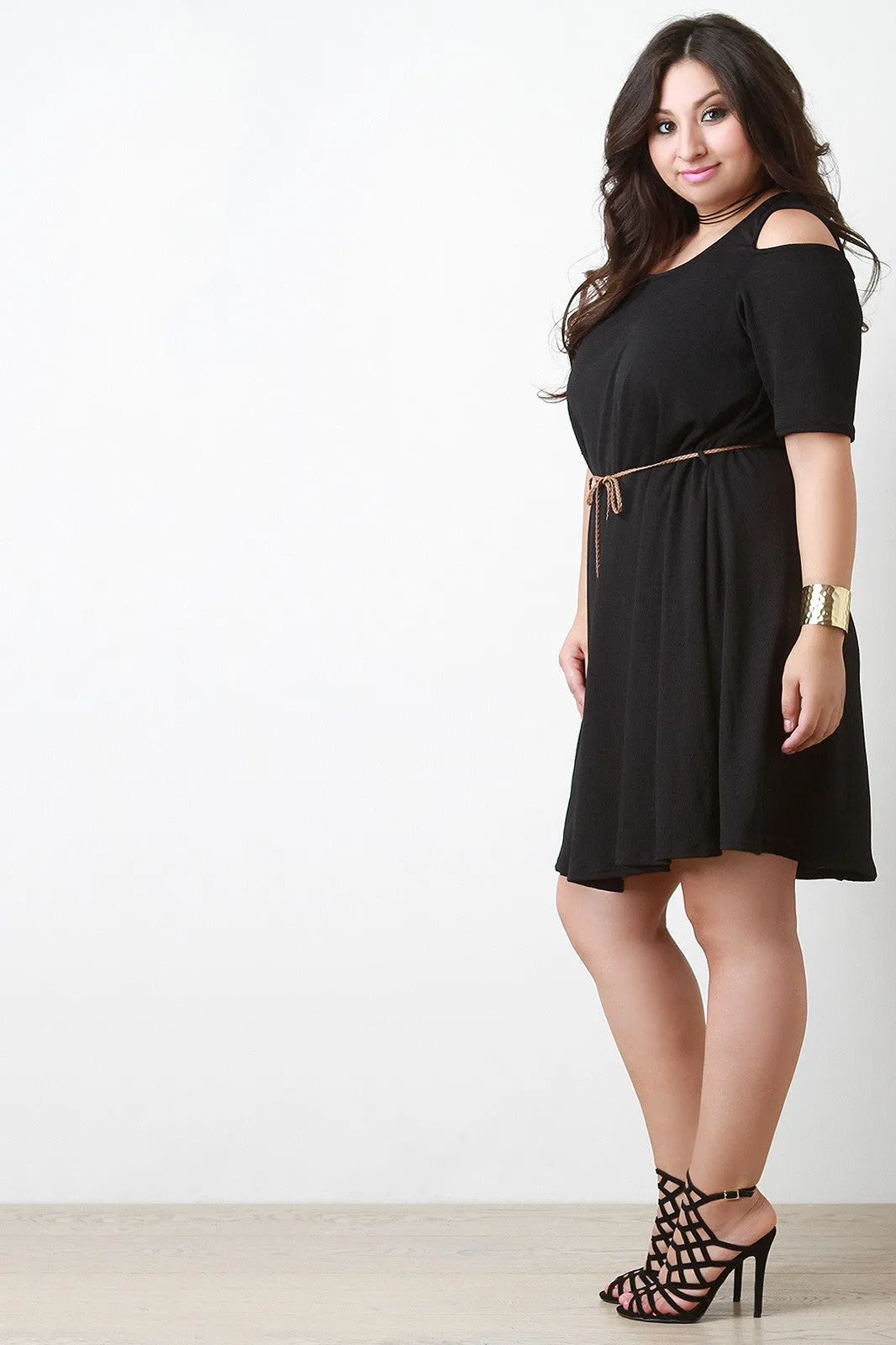 Cold Shoulder Belted Dress