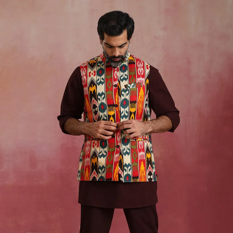 Cotton Reversible Nehru Jacket | Ikat Print | Cola Brown