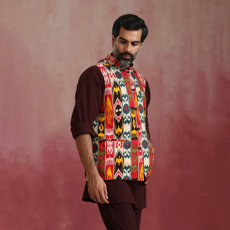 Cotton Reversible Nehru Jacket | Ikat Print | Cola Brown