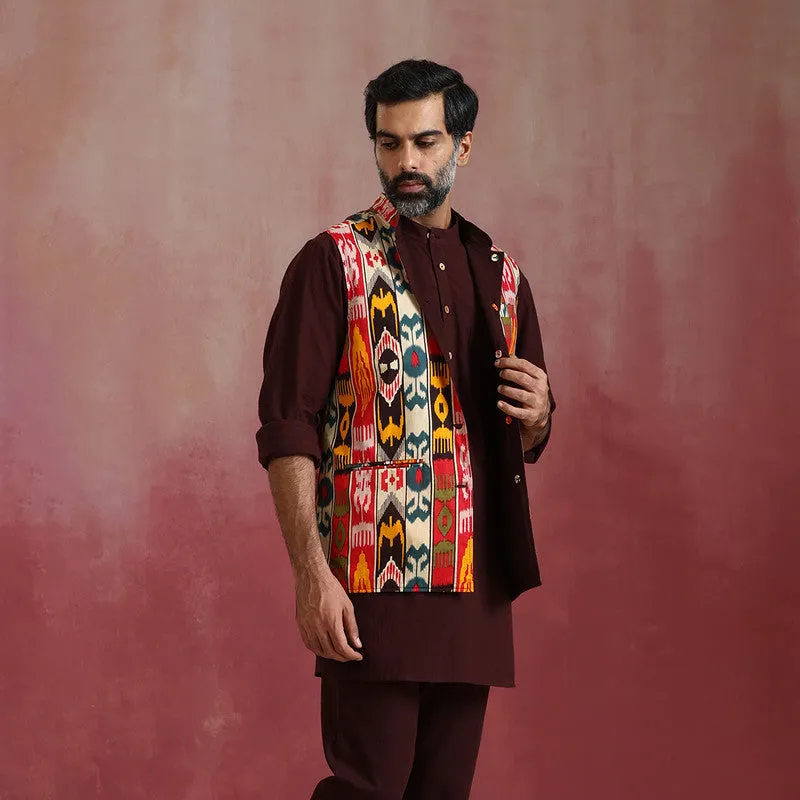 Cotton Reversible Nehru Jacket | Ikat Print | Cola Brown