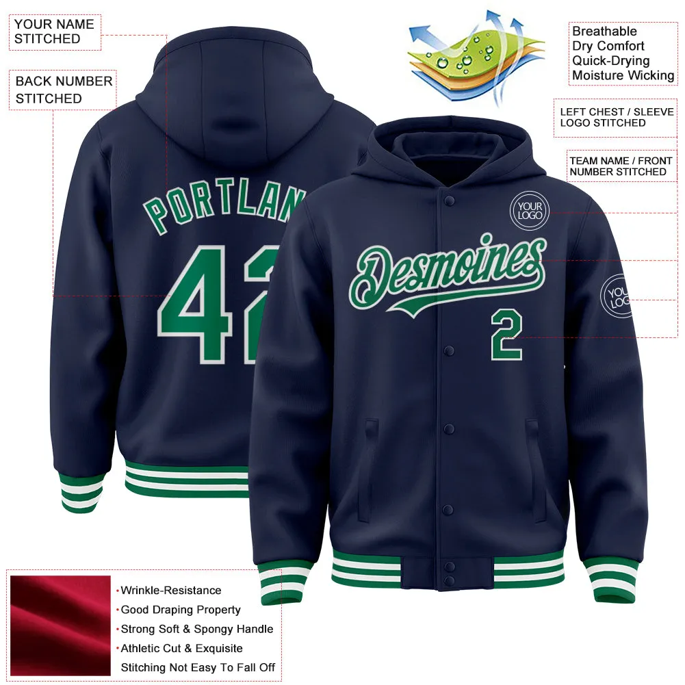 Custom Navy Kelly Green-White Bomber Full-Snap Varsity Letterman Hoodie Jacket