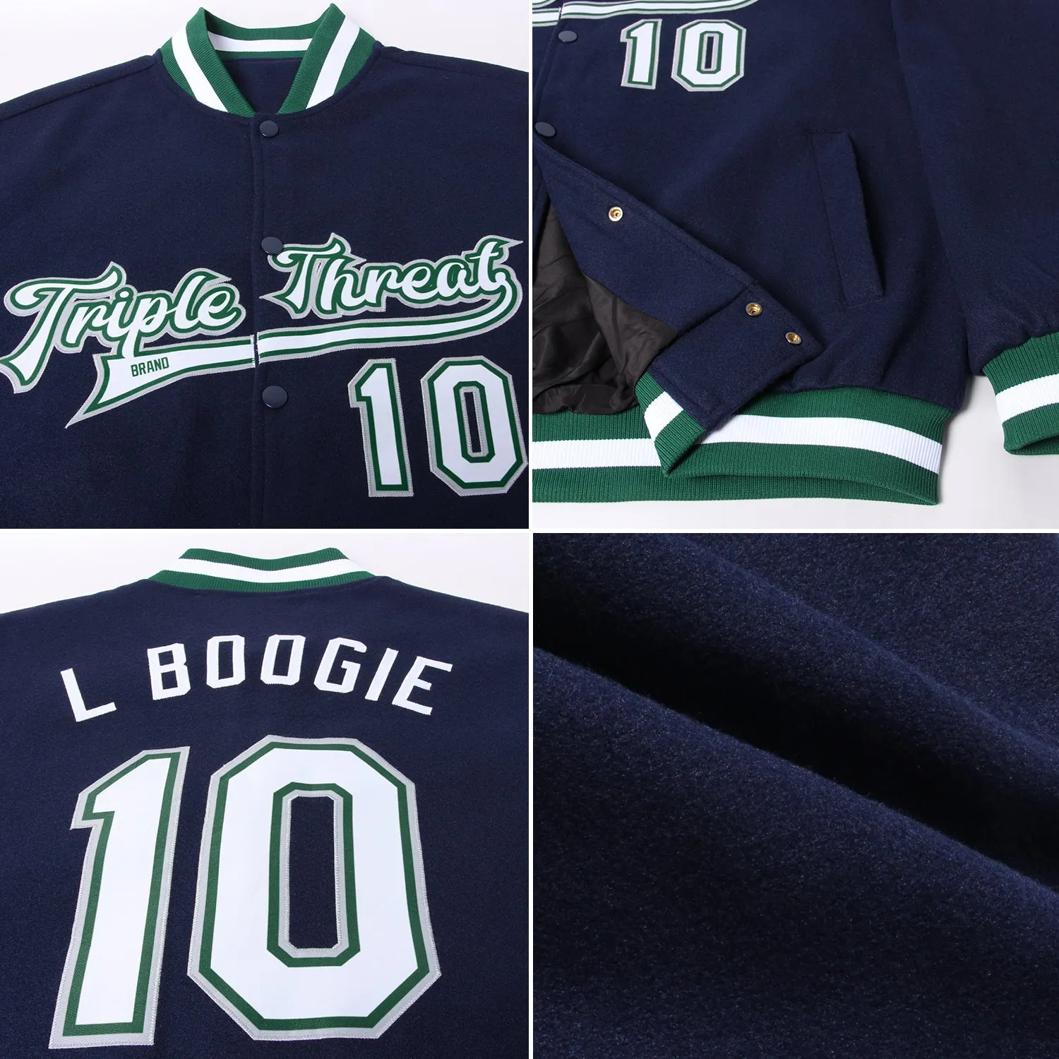 Custom Navy White Kelly Green-Gray Bomber Full-Snap Varsity Letterman Jacket