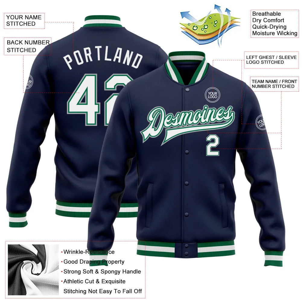 Custom Navy White Kelly Green-Gray Bomber Full-Snap Varsity Letterman Jacket