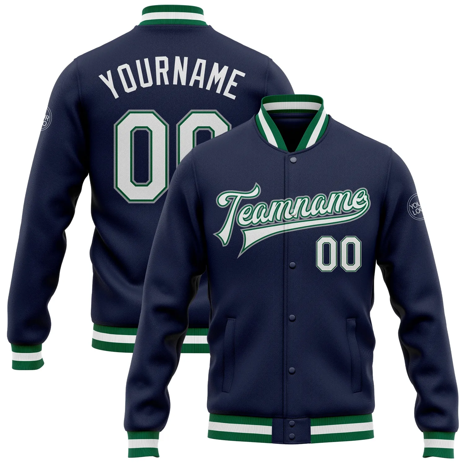 Custom Navy White Kelly Green-Gray Bomber Full-Snap Varsity Letterman Jacket