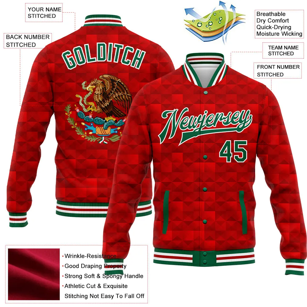 Custom Red Kelly Green-White Mexico 3D Bomber Full-Snap Varsity Letterman Jacket