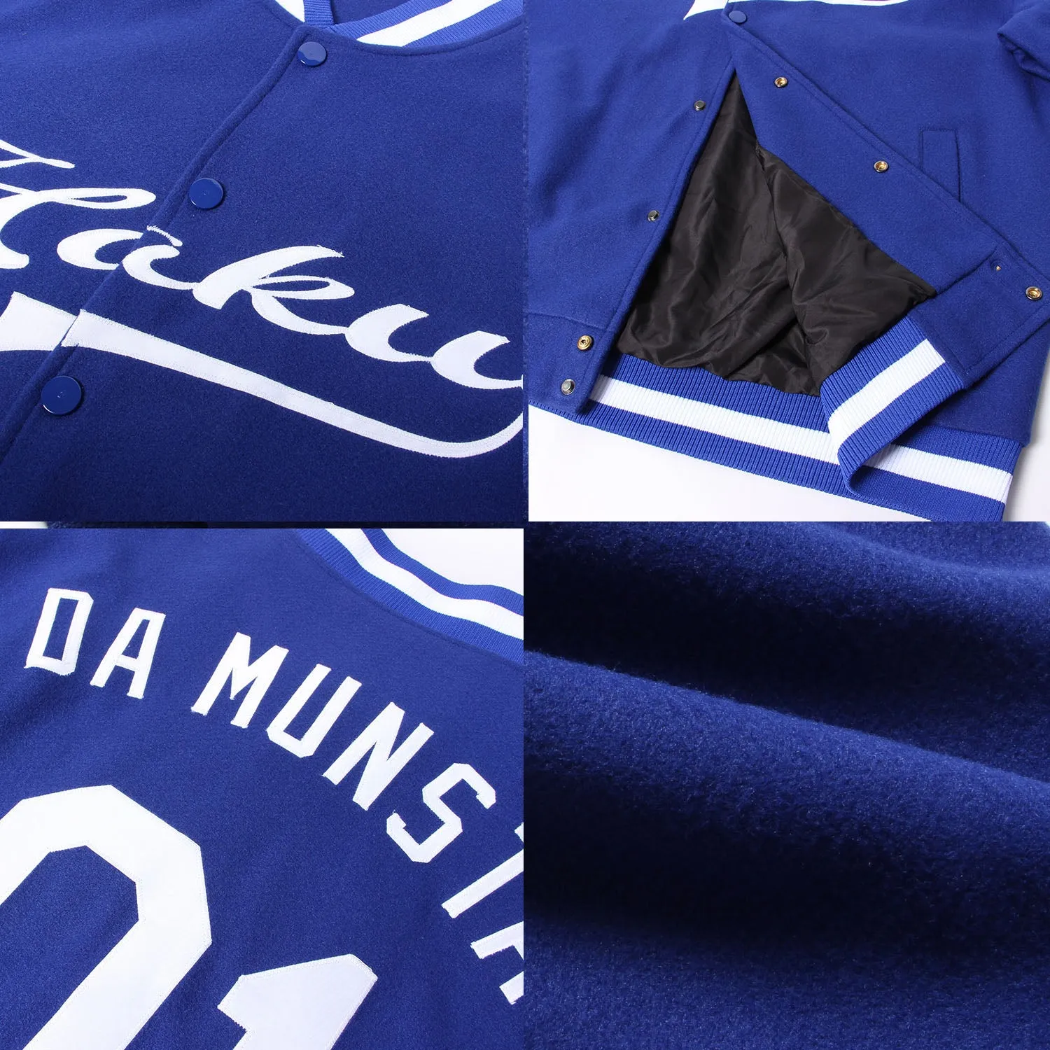 Custom Royal White Bomber Full-Snap Varsity Letterman Jacket