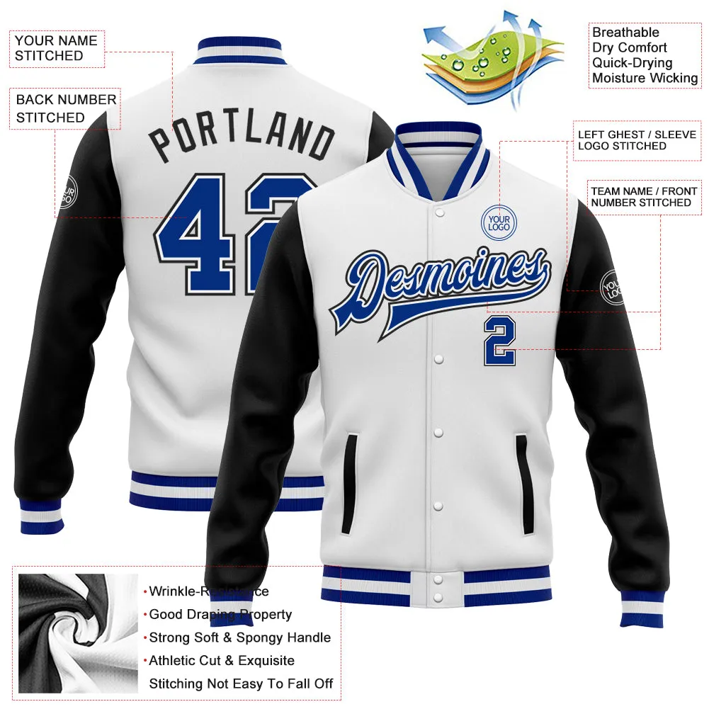 Custom White Royal-Black Bomber Full-Snap Varsity Letterman Two Tone Jacket