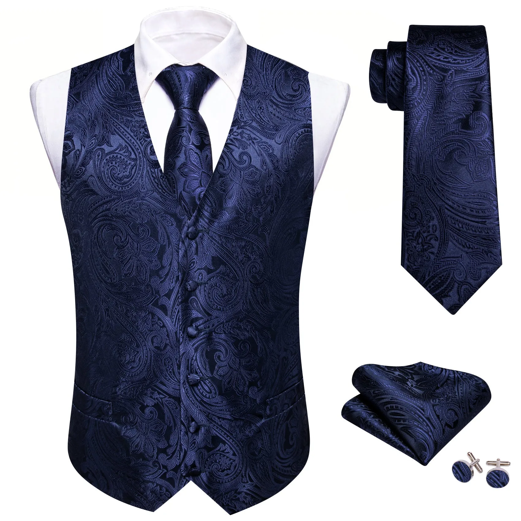 Deep Blue Formal Floral Jacquard  Men's Vest Tie Hanky Cufflinks Silk Set