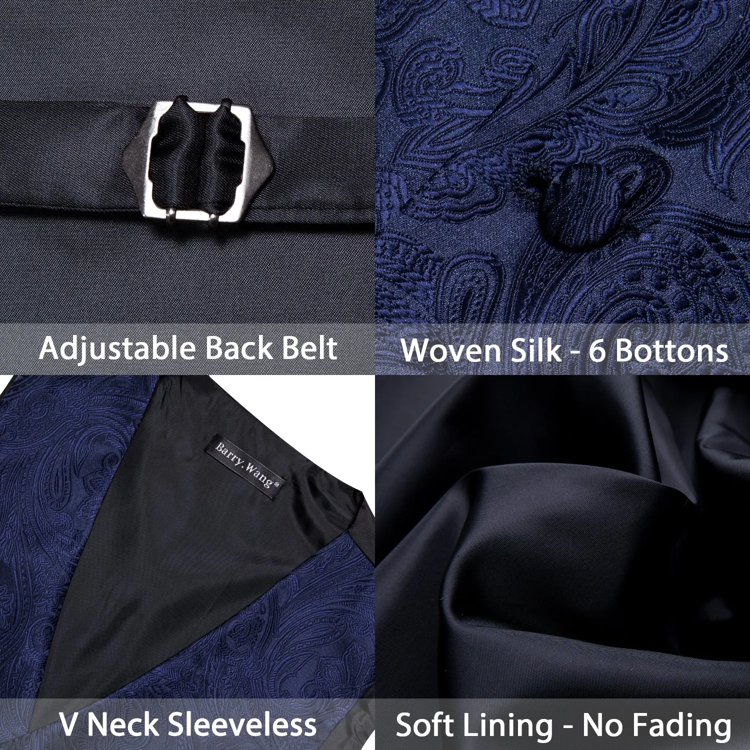 Deep Blue Formal Floral Jacquard  Men's Vest Tie Hanky Cufflinks Silk Set