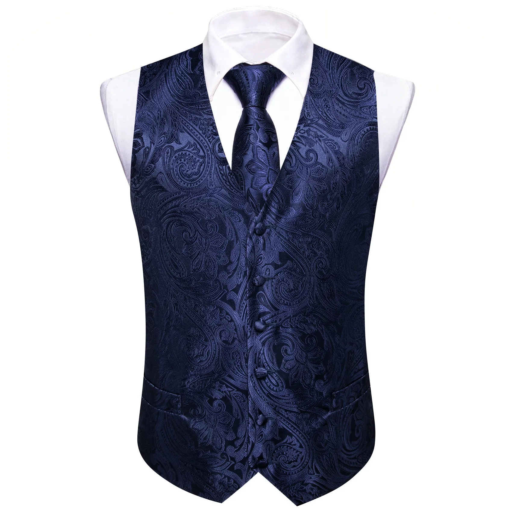 Deep Blue Formal Floral Jacquard  Men's Vest Tie Hanky Cufflinks Silk Set