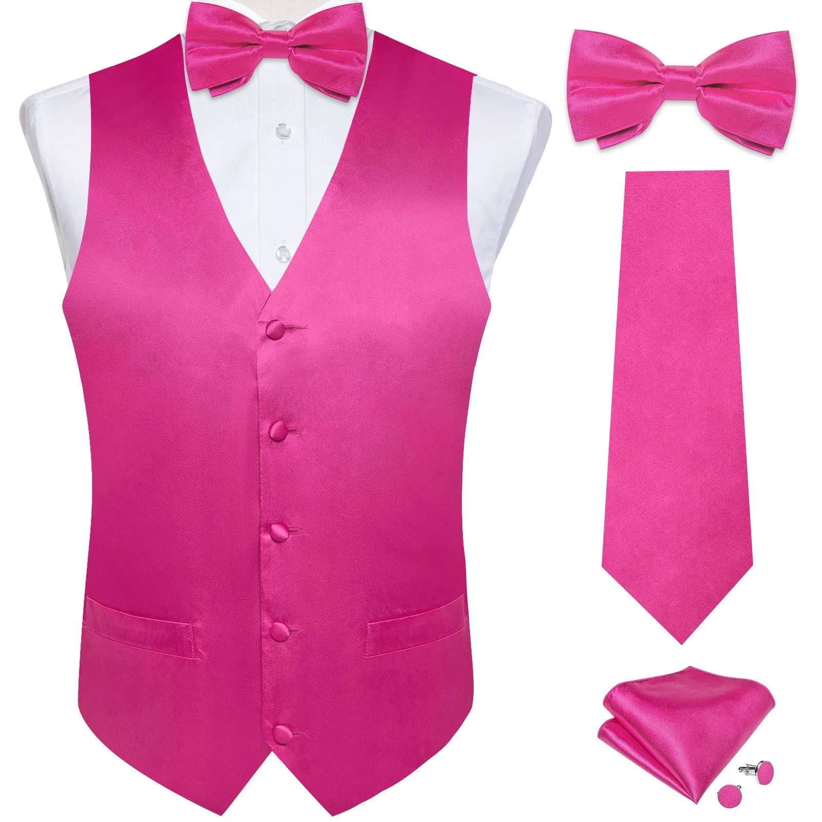 DeepPink Solid Silk Men's Vest Hanky Cufflinks Bow Tie Set