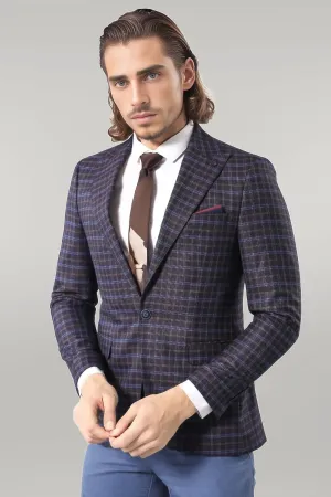 Double Breasted Plaid Burgundy Blazer - Wessi